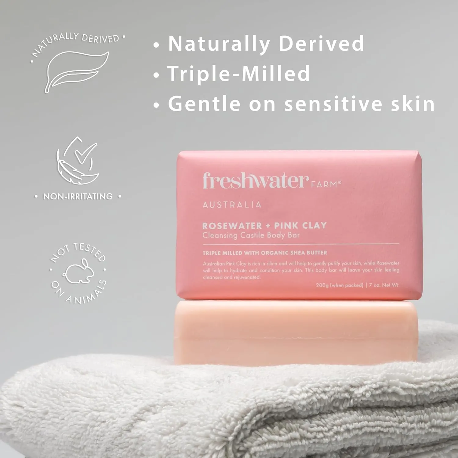 Castile Natural Bar Soap | Rosewater   Pink Clay | Australian Made   Family Owned | Triple-Milled with Australian Pink Clay | Recyclable Paper Wrap | 200g x 8pk