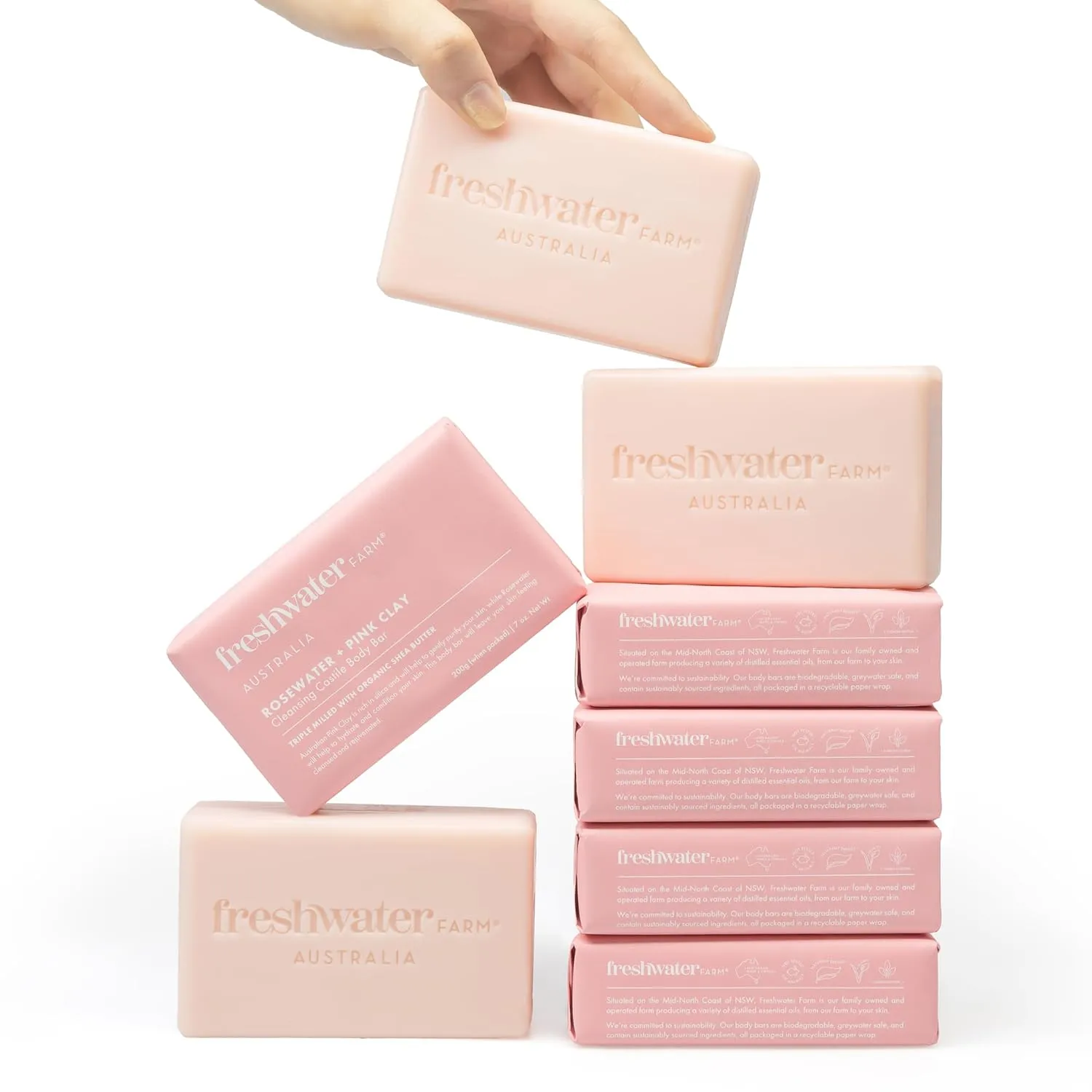 Castile Natural Bar Soap | Rosewater   Pink Clay | Australian Made   Family Owned | Triple-Milled with Australian Pink Clay | Recyclable Paper Wrap | 200g x 8pk