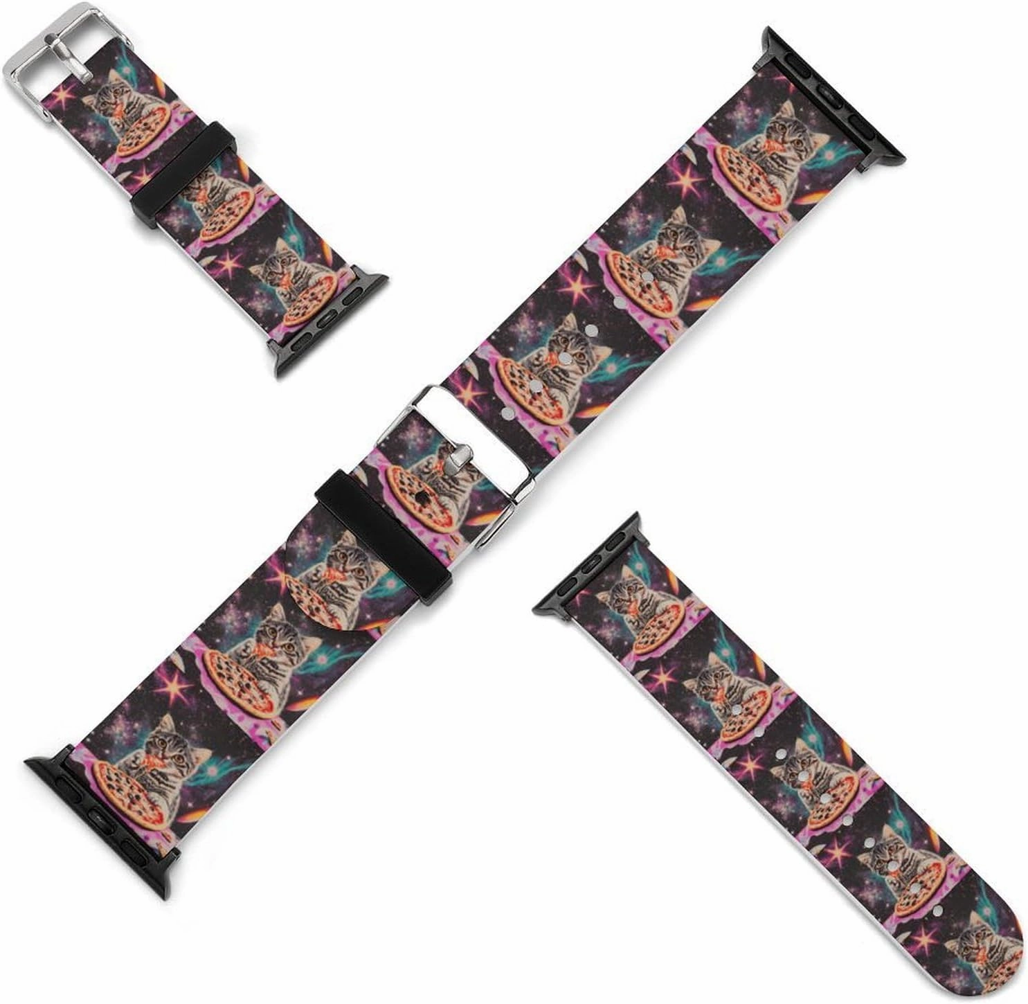 Cat Eating Pizza Adjustable Silicone Watchband Compatible with IWatch Classic Soft Sports Watch Strap for Men Women