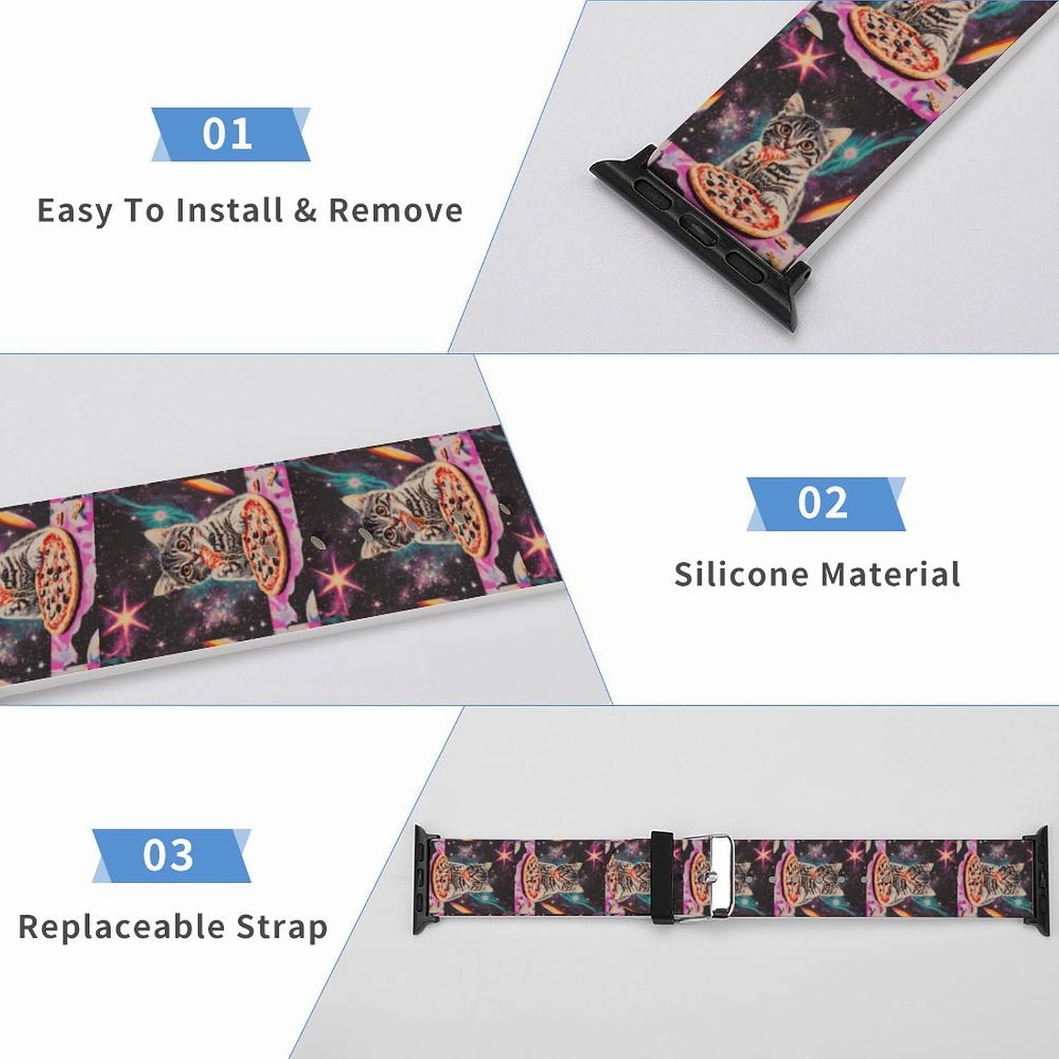 Cat Eating Pizza Adjustable Silicone Watchband Compatible with IWatch Classic Soft Sports Watch Strap for Men Women