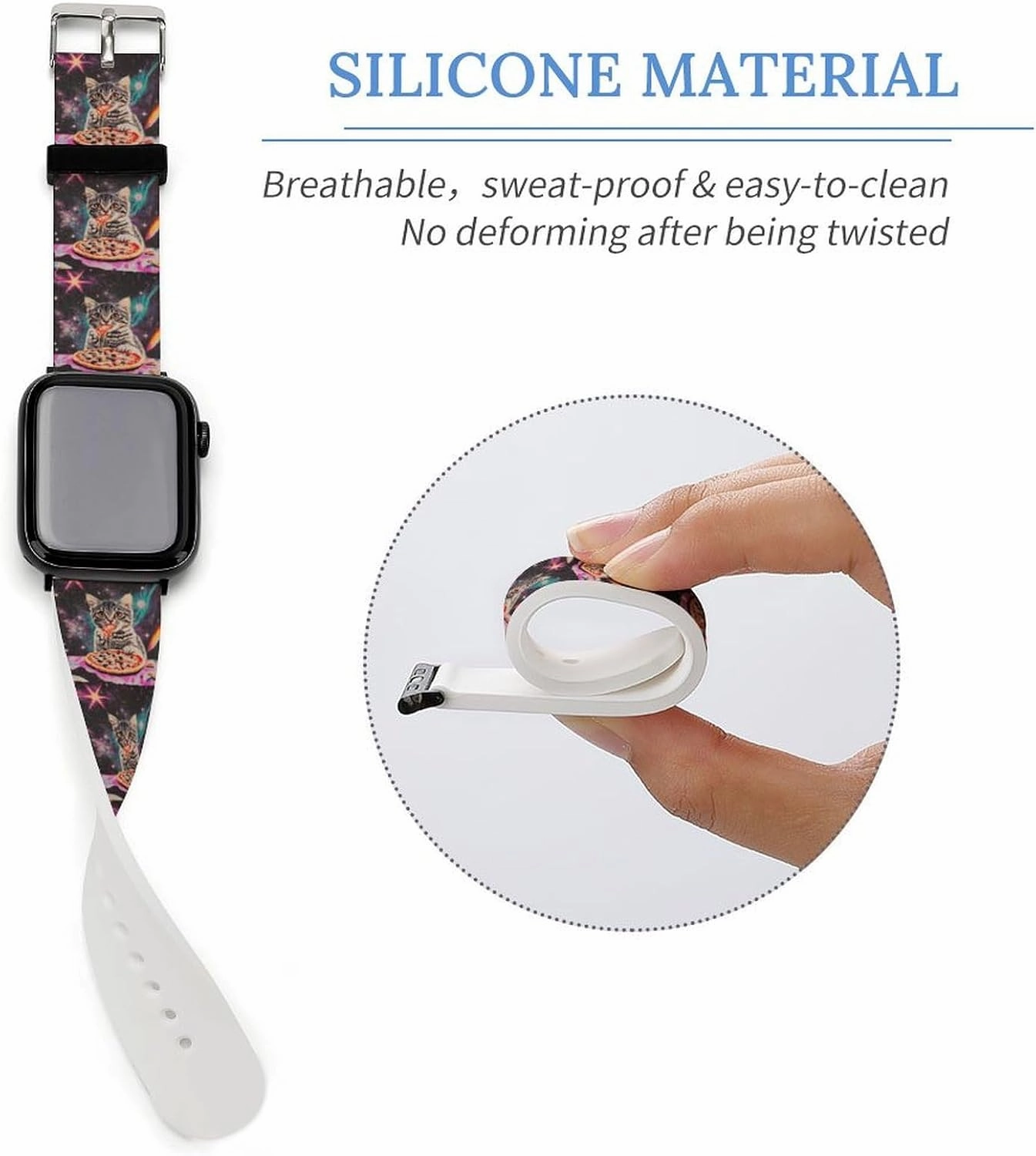 Cat Eating Pizza Adjustable Silicone Watchband Compatible with IWatch Classic Soft Sports Watch Strap for Men Women