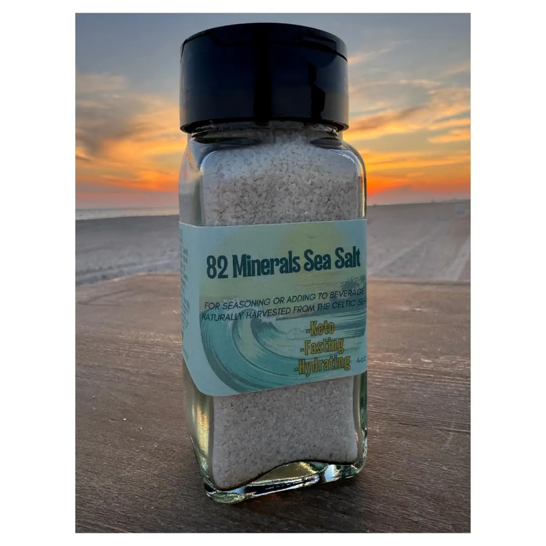 Celtic 82 Minerals Celtic Sea Magnesium Glass Jar with Shaker Lid Hand Harvested Sea Salt 4oz FINE Crystals NC Small Business Organic Vegan Kosher Sea Salt from the Celtic Sea Barbara