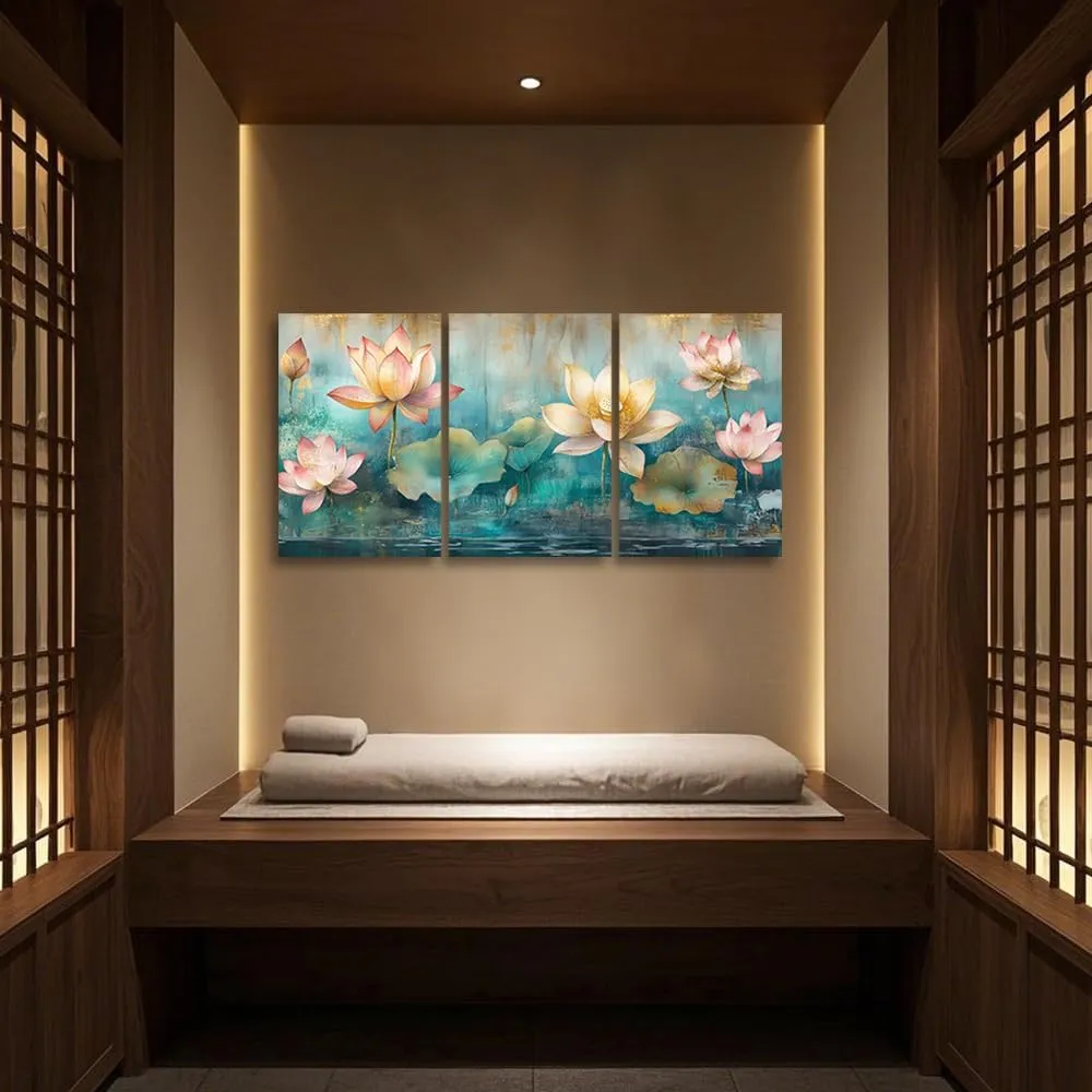 CGXLB Chinese Lotus Canvas Art 3 Piece Pink & Yellow Water Lily Painting Zen Wall Decor for Living Room Study SPA Meditation Space 20"x28"x3