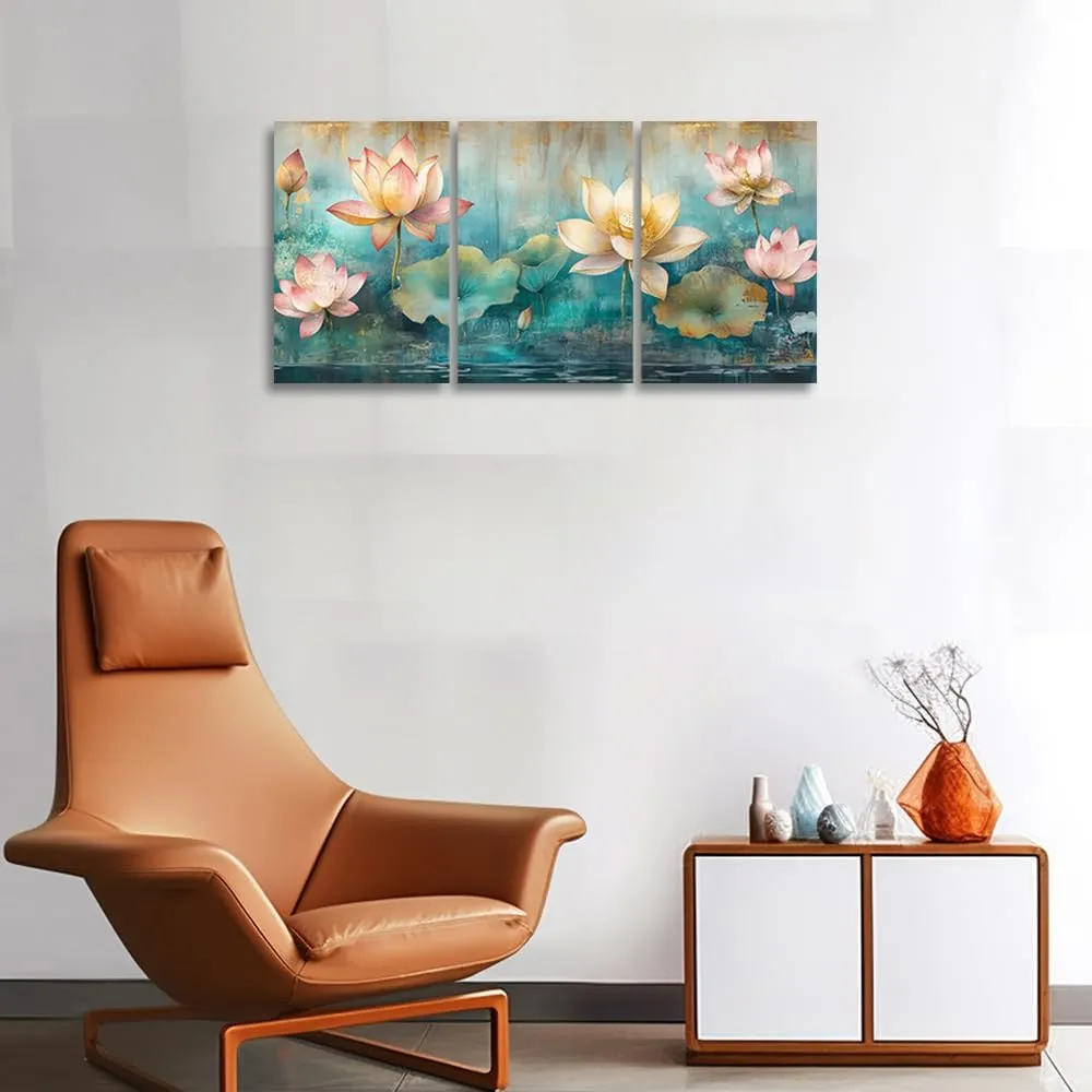 CGXLB Chinese Lotus Canvas Art 3 Piece Pink & Yellow Water Lily Painting Zen Wall Decor for Living Room Study SPA Meditation Space 20"x28"x3