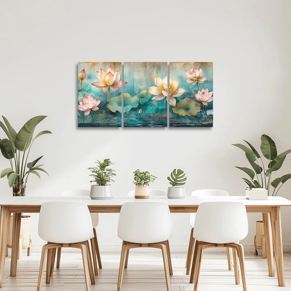 CGXLB Chinese Lotus Canvas Art 3 Piece Pink & Yellow Water Lily Painting Zen Wall Decor for Living Room Study SPA Meditation Space 20"x28"x3