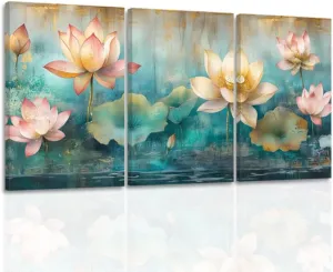 CGXLB Chinese Lotus Canvas Art 3 Piece Pink & Yellow Water Lily Painting Zen Wall Decor for Living Room Study SPA Meditation Space 20"x28"x3