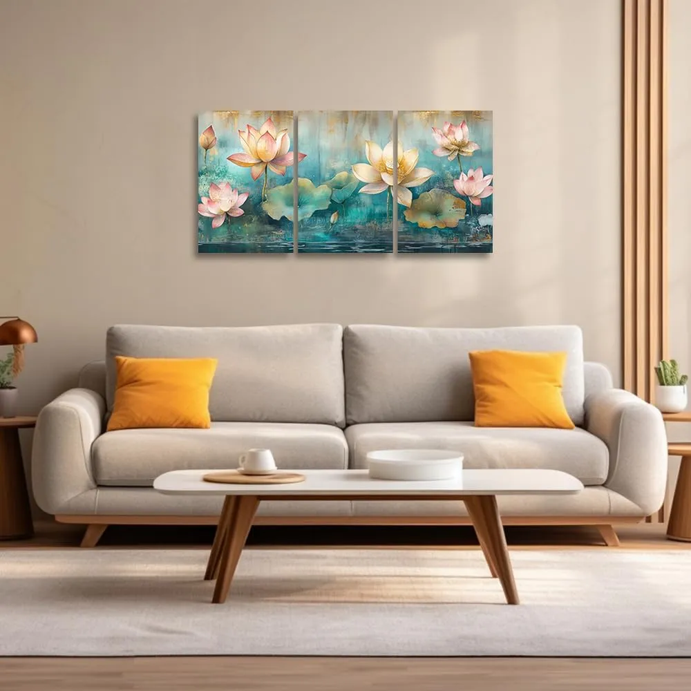 CGXLB Chinese Lotus Canvas Art 3 Piece Pink & Yellow Water Lily Painting Zen Wall Decor for Living Room Study SPA Meditation Space 20"x28"x3