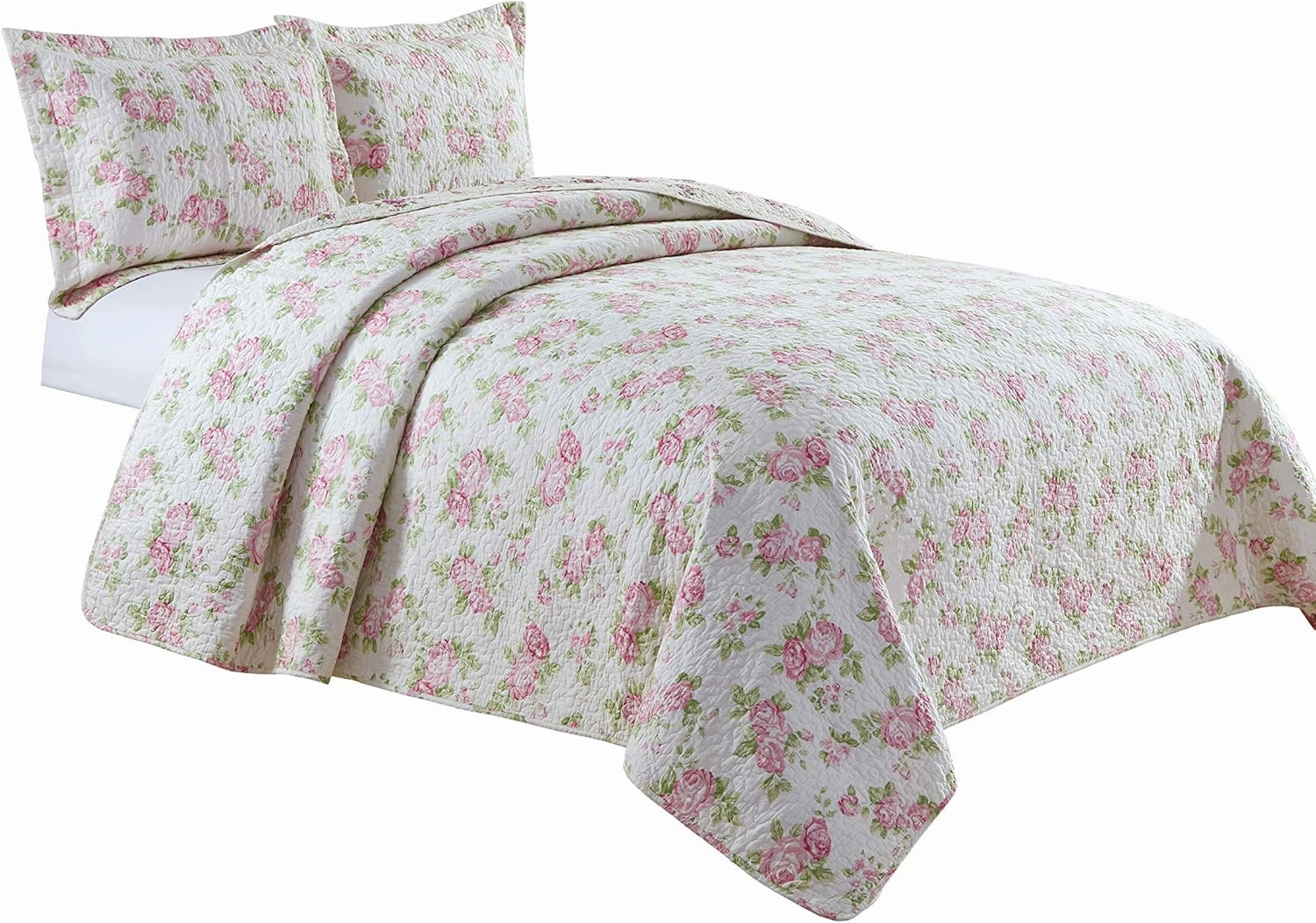 Chezmoi Collection Dakota 2-Piece Printed Pink Rose Cotton Quilt Set - Pink Floral Flower Reversible Stone Washed Lightweight Bedspread, Twin Size