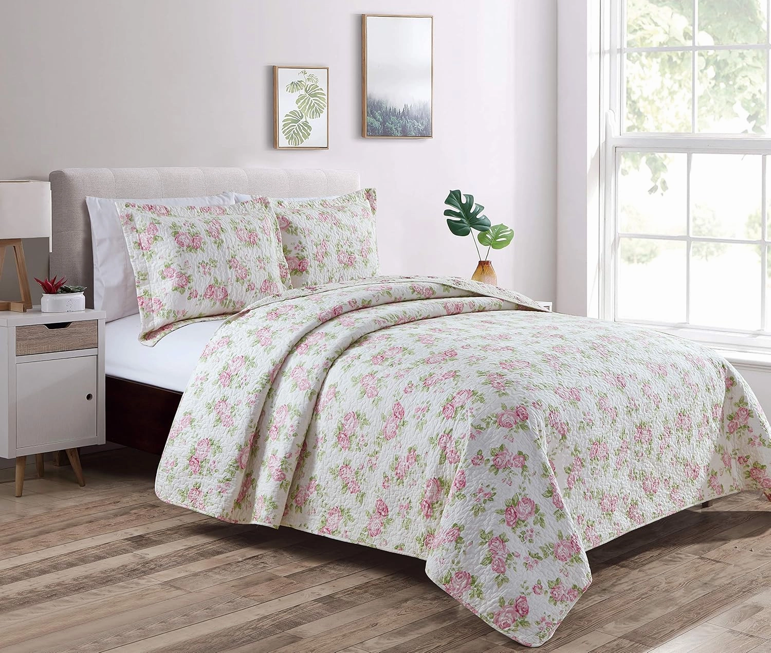 Chezmoi Collection Dakota 2-Piece Printed Pink Rose Cotton Quilt Set - Pink Floral Flower Reversible Stone Washed Lightweight Bedspread, Twin Size