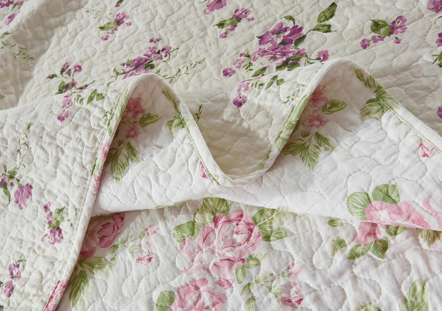 Chezmoi Collection Dakota 2-Piece Printed Pink Rose Cotton Quilt Set - Pink Floral Flower Reversible Stone Washed Lightweight Bedspread, Twin Size