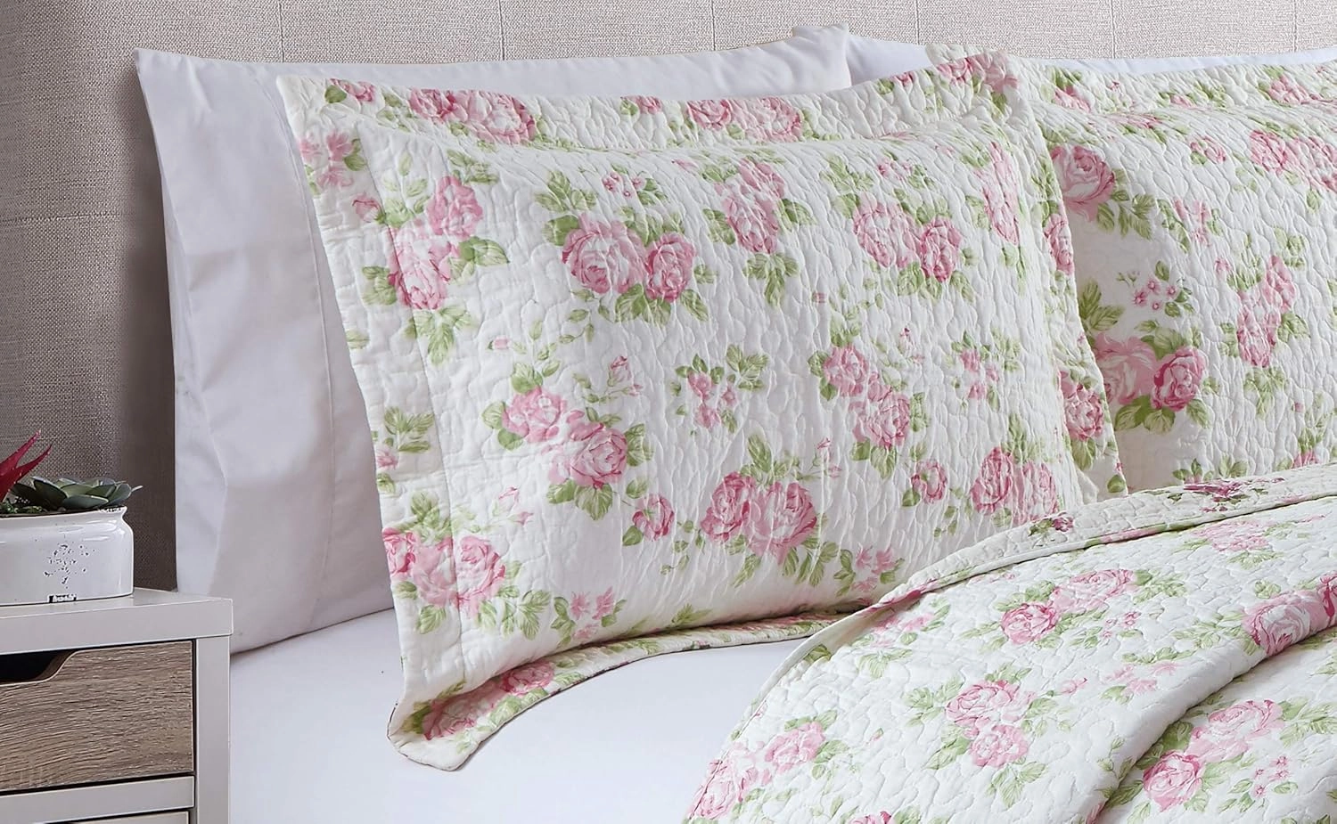 Chezmoi Collection Dakota 2-Piece Printed Pink Rose Cotton Quilt Set - Pink Floral Flower Reversible Stone Washed Lightweight Bedspread, Twin Size
