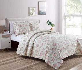 Chezmoi Collection Dakota 2-Piece Printed Pink Rose Cotton Quilt Set - Pink Floral Flower Reversible Stone Washed Lightweight Bedspread, Twin Size