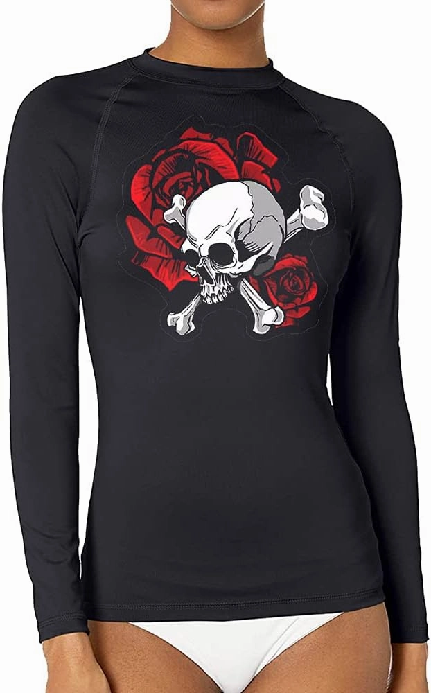 CHOO Women's Rose Cross Skull Uv-Protected Sports Fitted Shirt Skin Tee for Fishing, Large