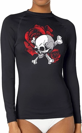CHOO Women's Rose Cross Skull Uv-Protected Sports Fitted Shirt Skin Tee for Fishing, Large
