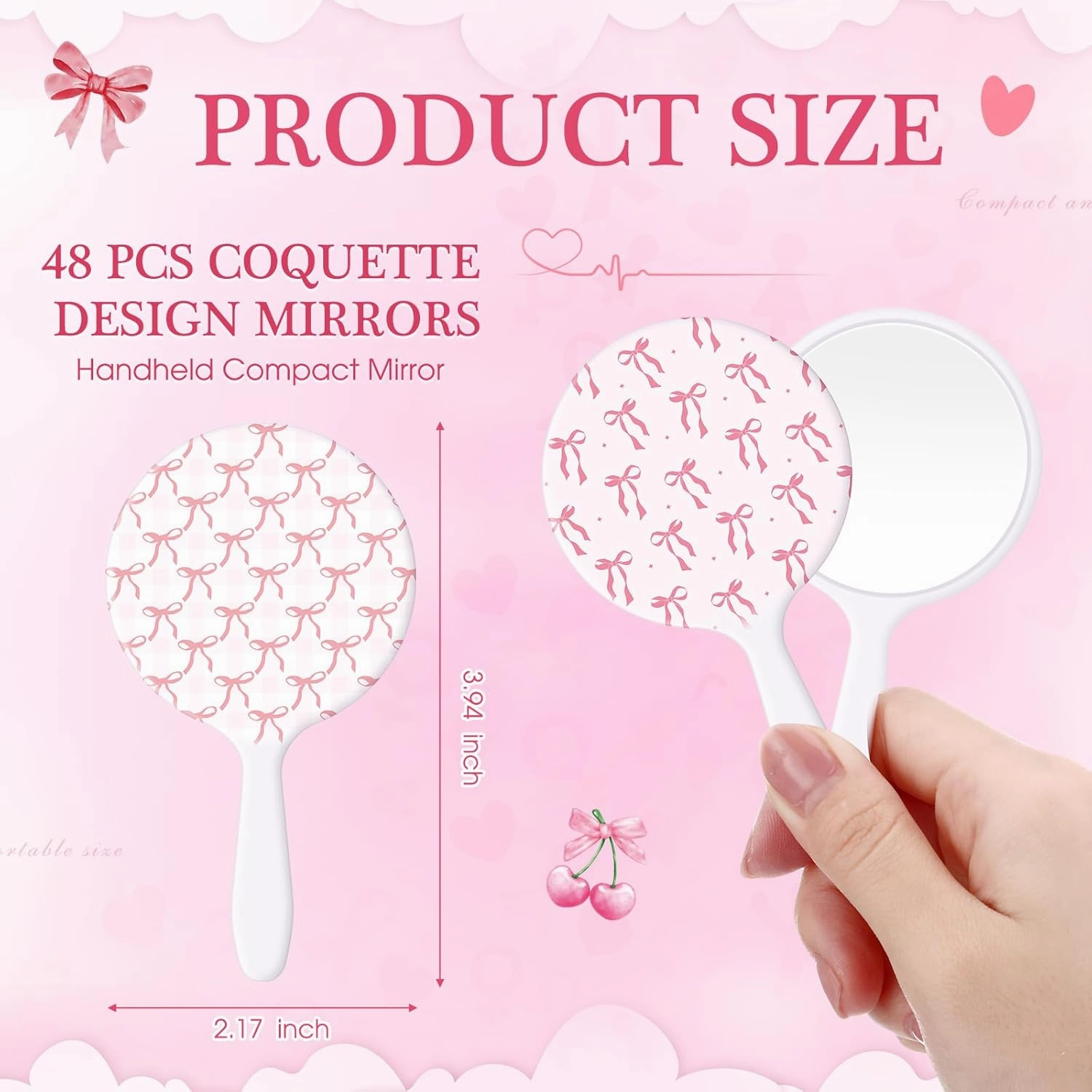 Chunful 48 Pcs Pink Bow Handheld Mirror Bulk Travel Makeup Small Round Mirror Gifts for Women Graduation Birthday Wedding Party Favors