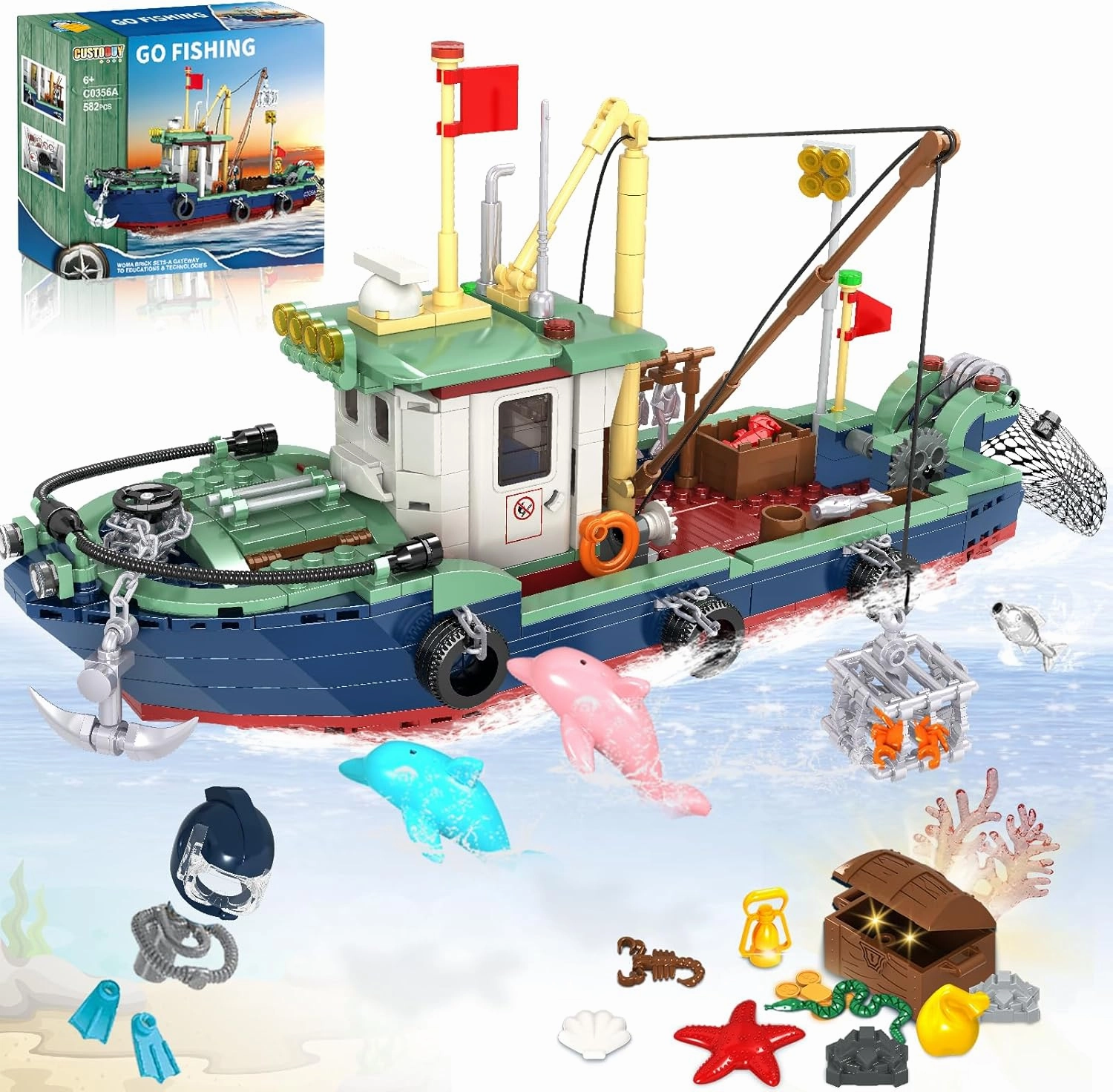City Ocean Explorer Boat Building Set, 603 PCS Exploration Ship Building Block Kit Toys with Fish Cage, Treasure Chest, and Scuba Gear, Birthday Gifts for Boys and Girls Ages 6-12 