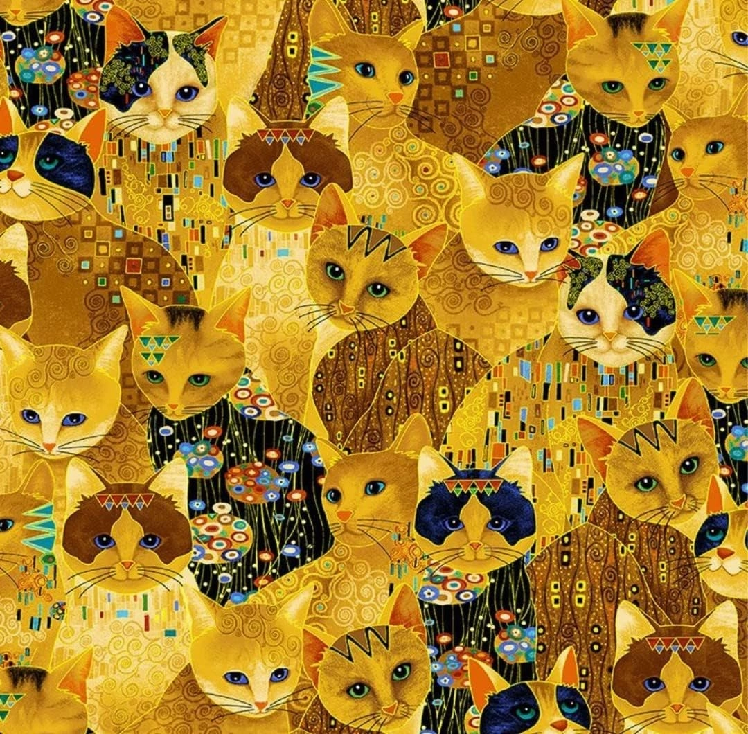 Cleo by Chong A Hwang for Timeless Treasures Gold and Black Bejeweled Cats Cotton Fabric by The Yard