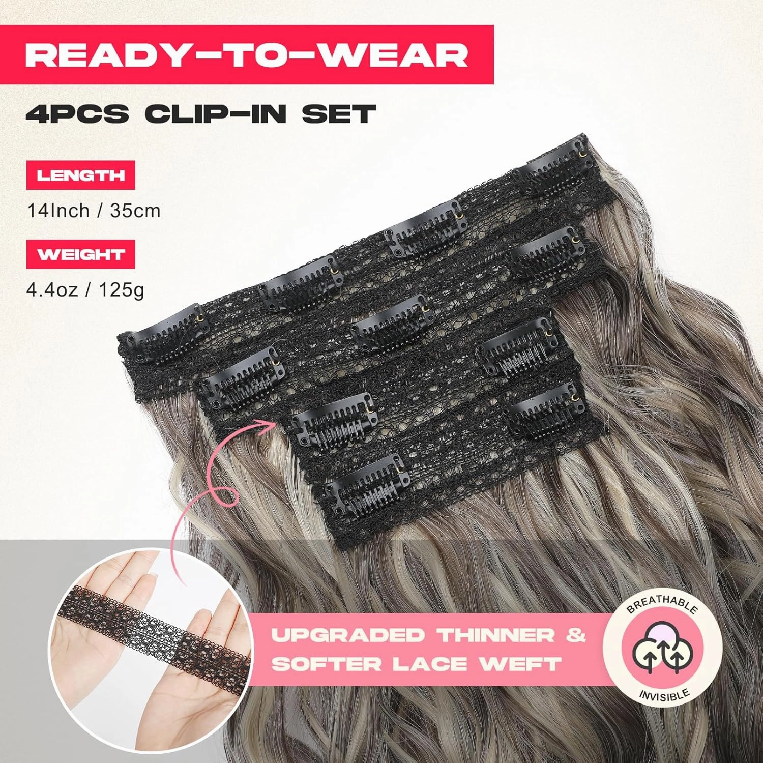 Clip in Hair Extensions, 14" Beach Wave Brown Hair, 4PCS Natural Soft Synthetic Hairpiece - Ash Brown with Highlights