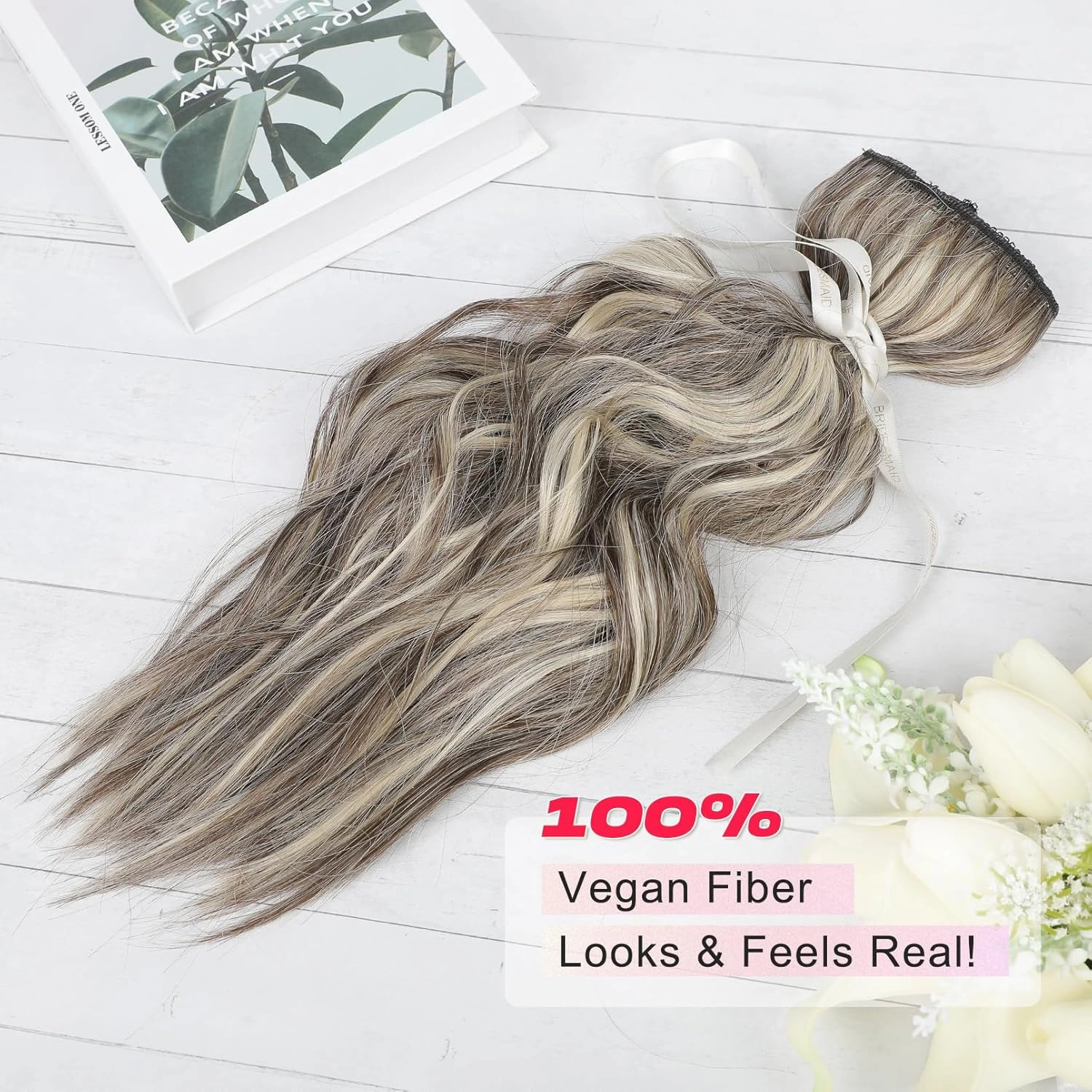Clip in Hair Extensions, 14" Beach Wave Brown Hair, 4PCS Natural Soft Synthetic Hairpiece - Ash Brown with Highlights