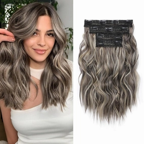 Clip in Hair Extensions, 14" Beach Wave Brown Hair, 4PCS Natural Soft Synthetic Hairpiece - Ash Brown with Highlights