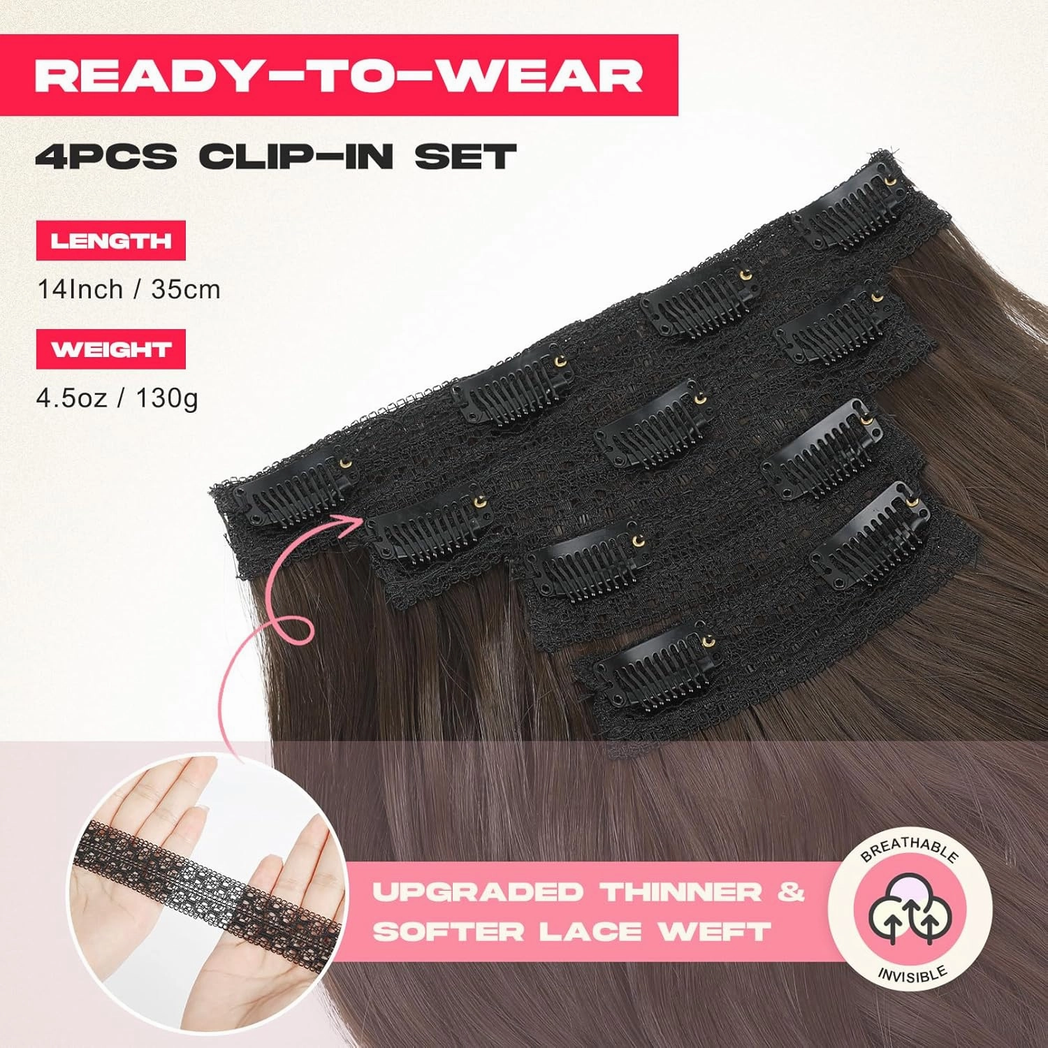 Clip in Hair Extensionss, 4PCS Hair Extensions 14" Short Layered Cut Hair Extensions Invisible Lace Weft Natural Soft Hairpieces for Women - Chocolate Brown