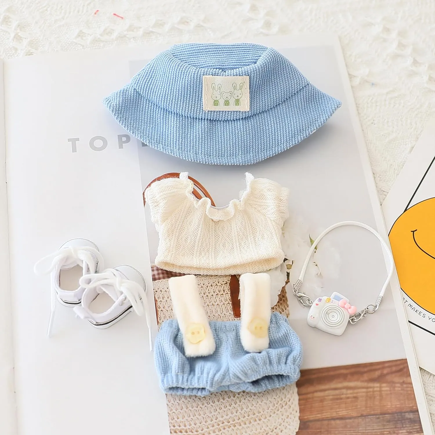Clothes Set for LBB Doll,Clothes for LBB, Crochet 4 Piece Set Hat Clothes Cell Phone Backpack for LBB, Stylish Adorable Dolls Clothes Accessories (No Doll) (Blue)