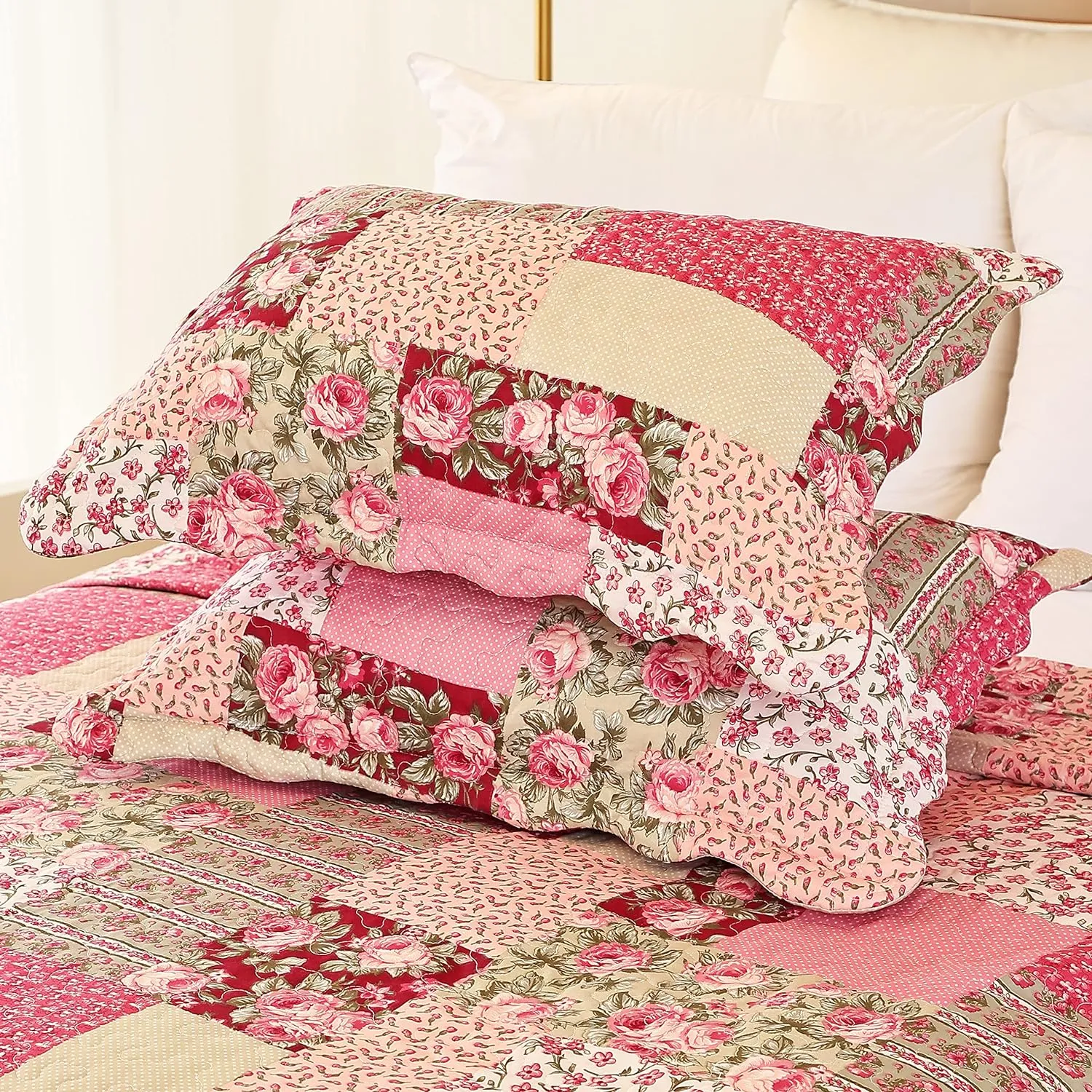 Cmfshape Summer Floral King Quilted Bedspread,Romantic Pink Quilt Set,Reversible Stitched Bedding Cover All Season,Soft Lightweight Coverlet with Pillow Cases (Hot Pink&Rose, King102 x90)
