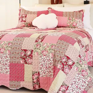 Cmfshape Summer Floral King Quilted Bedspread,Romantic Pink Quilt Set,Reversible Stitched Bedding Cover All Season,Soft Lightweight Coverlet with Pillow Cases (Hot Pink&Rose, King102 x90)