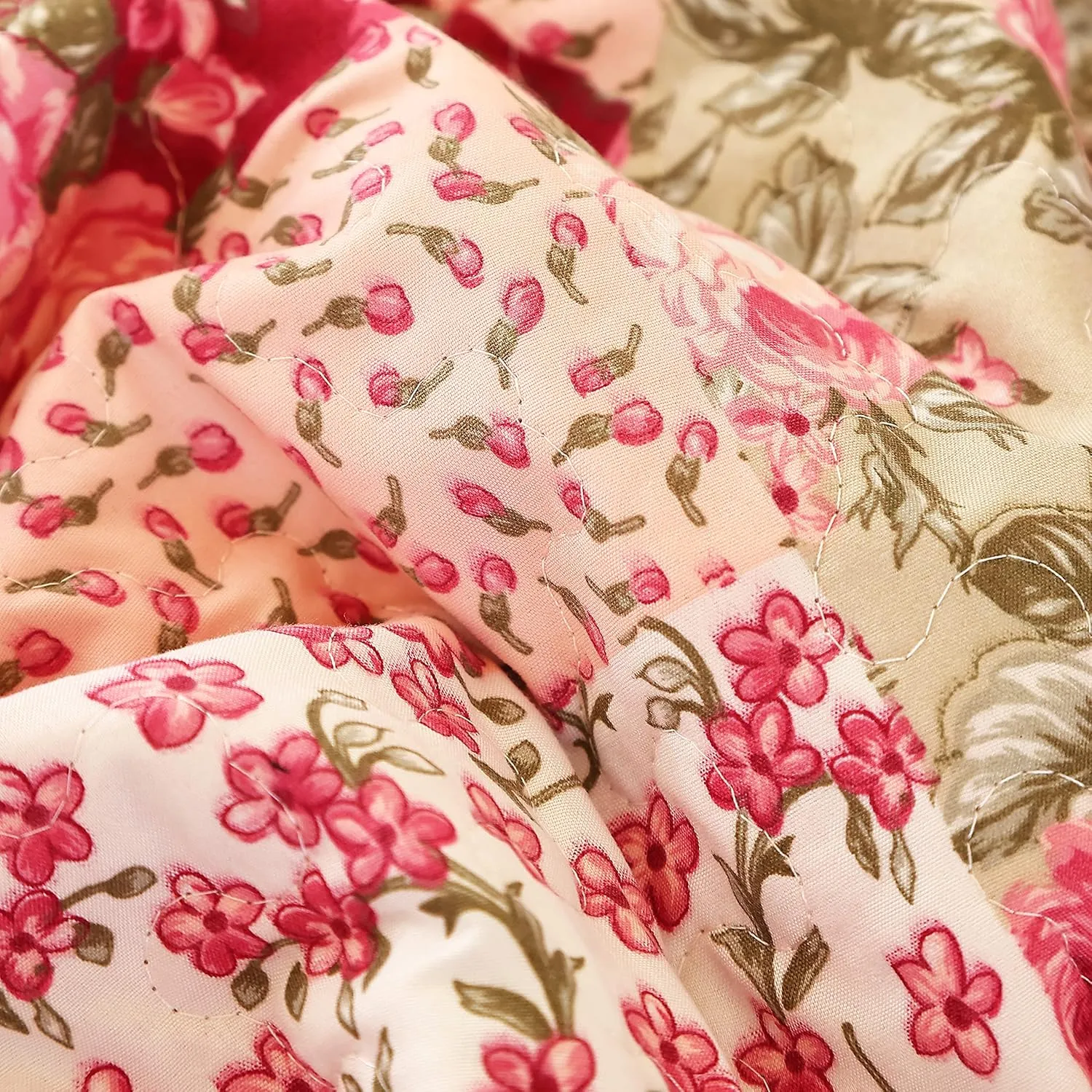 Cmfshape Summer Floral King Quilted Bedspread,Romantic Pink Quilt Set,Reversible Stitched Bedding Cover All Season,Soft Lightweight Coverlet with Pillow Cases (Hot Pink&Rose, King102 x90)