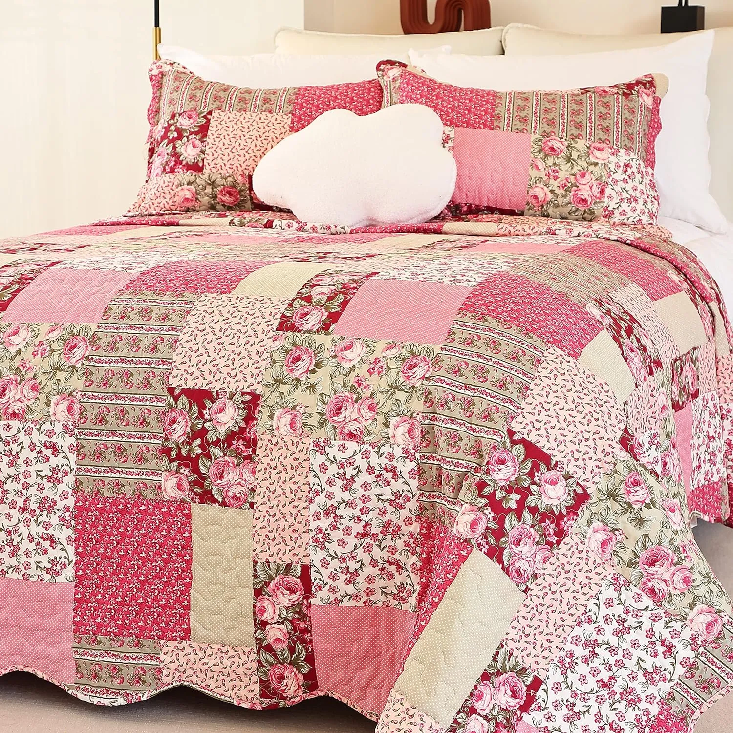 Cmfshape Summer Floral King Quilted Bedspread,Romantic Pink Quilt Set,Reversible Stitched Bedding Cover All Season,Soft Lightweight Coverlet with Pillow Cases (Hot Pink&Rose, King102 x90)