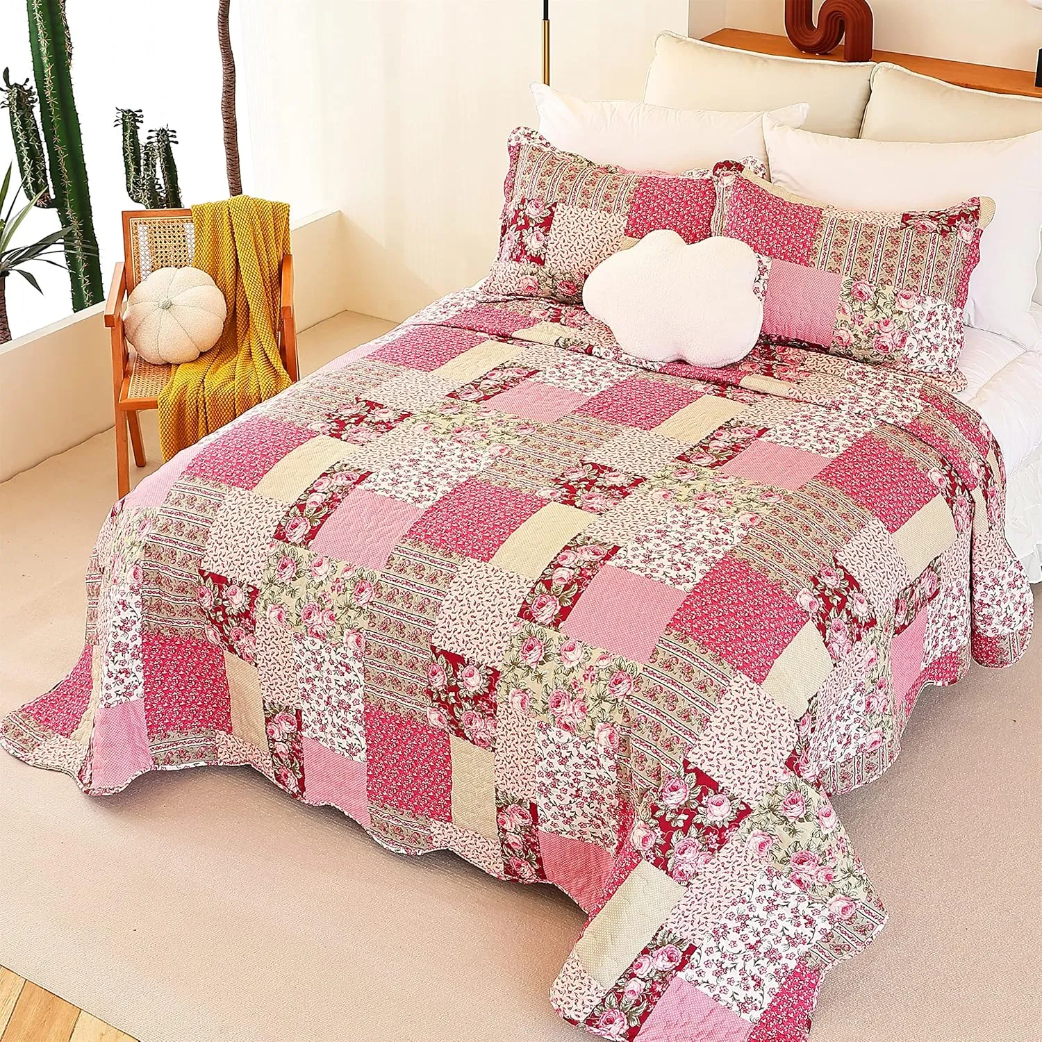 Cmfshape Summer Floral King Quilted Bedspread,Romantic Pink Quilt Set,Reversible Stitched Bedding Cover All Season,Soft Lightweight Coverlet with Pillow Cases (Hot Pink&Rose, King102 x90)