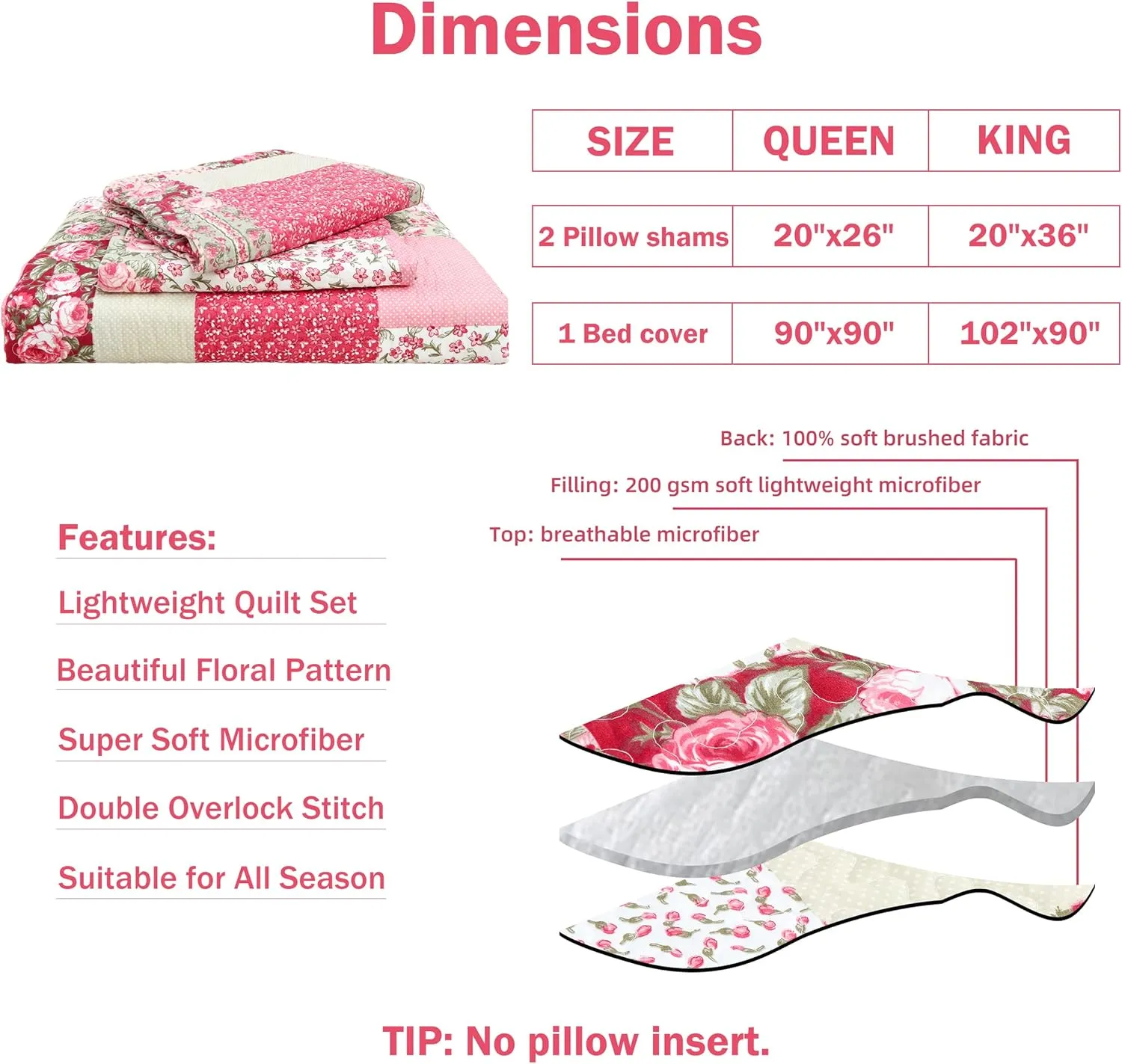 Cmfshape Summer Floral King Quilted Bedspread,Romantic Pink Quilt Set,Reversible Stitched Bedding Cover All Season,Soft Lightweight Coverlet with Pillow Cases (Hot Pink&Rose, King102 x90)