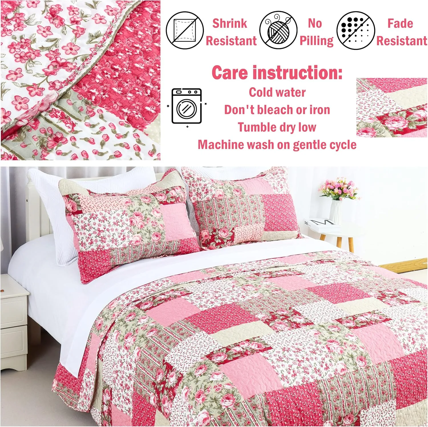 Cmfshape Summer Floral King Quilted Bedspread,Romantic Pink Quilt Set,Reversible Stitched Bedding Cover All Season,Soft Lightweight Coverlet with Pillow Cases (Hot Pink&Rose, King102 x90)