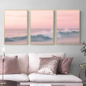 Coastal Ocean Waves Beach Poster - Pink and Sunset Paintings - Seascape and Sunrise Landscape - 16x24inx3pcs No Frame