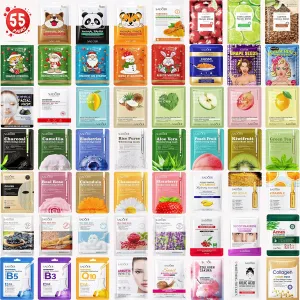 Collagen Sheet Face Masks Skincare Bulk Pack ，Hydrating Bulk Face Masks(55 Combo Pack)