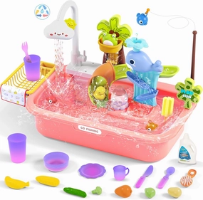 Color Changing Play Kitchen Sink Toy for Kids, Play Sink with Upgraded Electric Faucet & Automatic Water Cycle System, Dishwasher Toys & Fishing Toys for Kids, Pretend Play Toys for Boys Girls, Pink