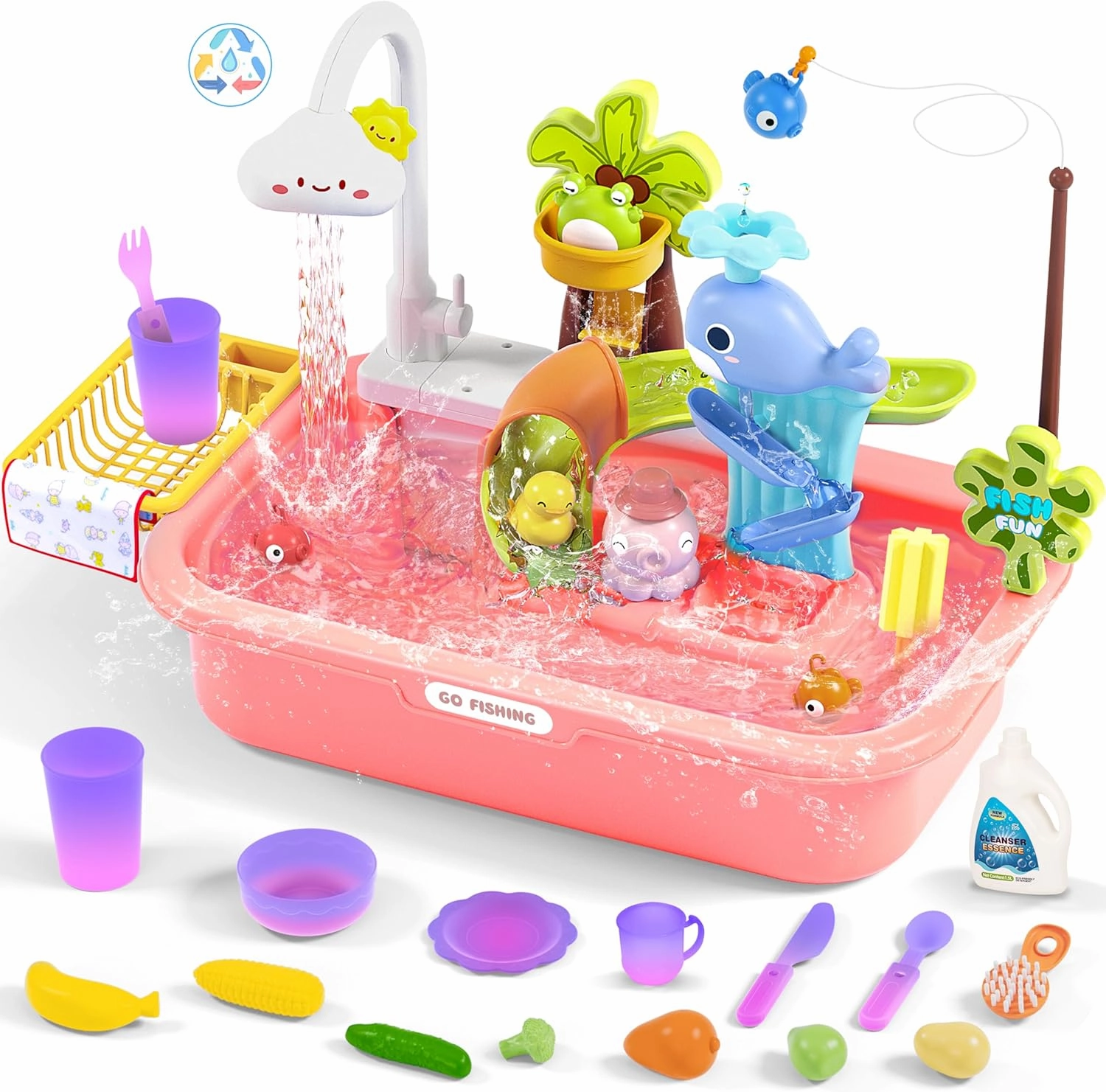 Color Changing Play Kitchen Sink Toy for Kids, Play Sink with Upgraded Electric Faucet & Automatic Water Cycle System, Dishwasher Toys & Fishing Toys for Kids, Pretend Play Toys for Boys Girls, Pink