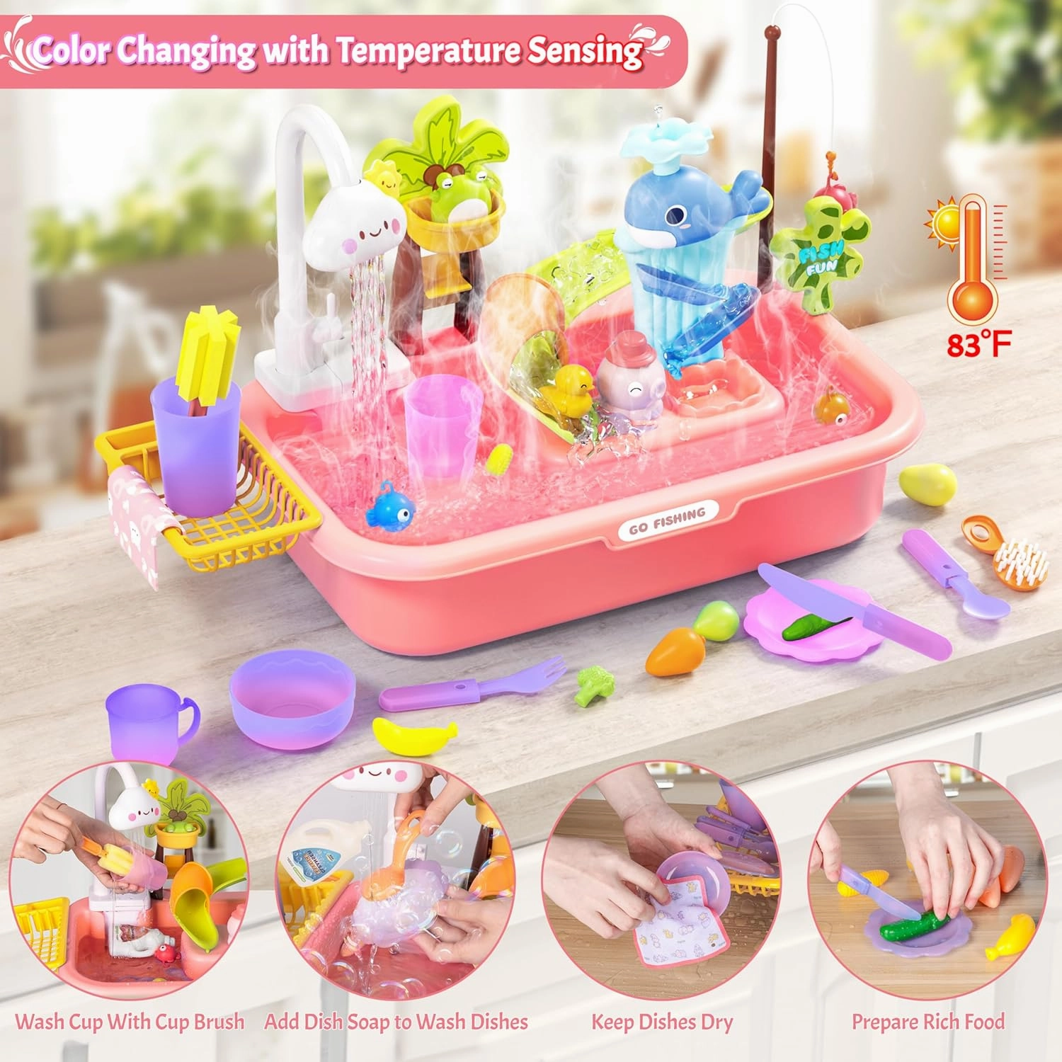 Color Changing Play Kitchen Sink Toy for Kids, Play Sink with Upgraded Electric Faucet & Automatic Water Cycle System, Dishwasher Toys & Fishing Toys for Kids, Pretend Play Toys for Boys Girls, Pink