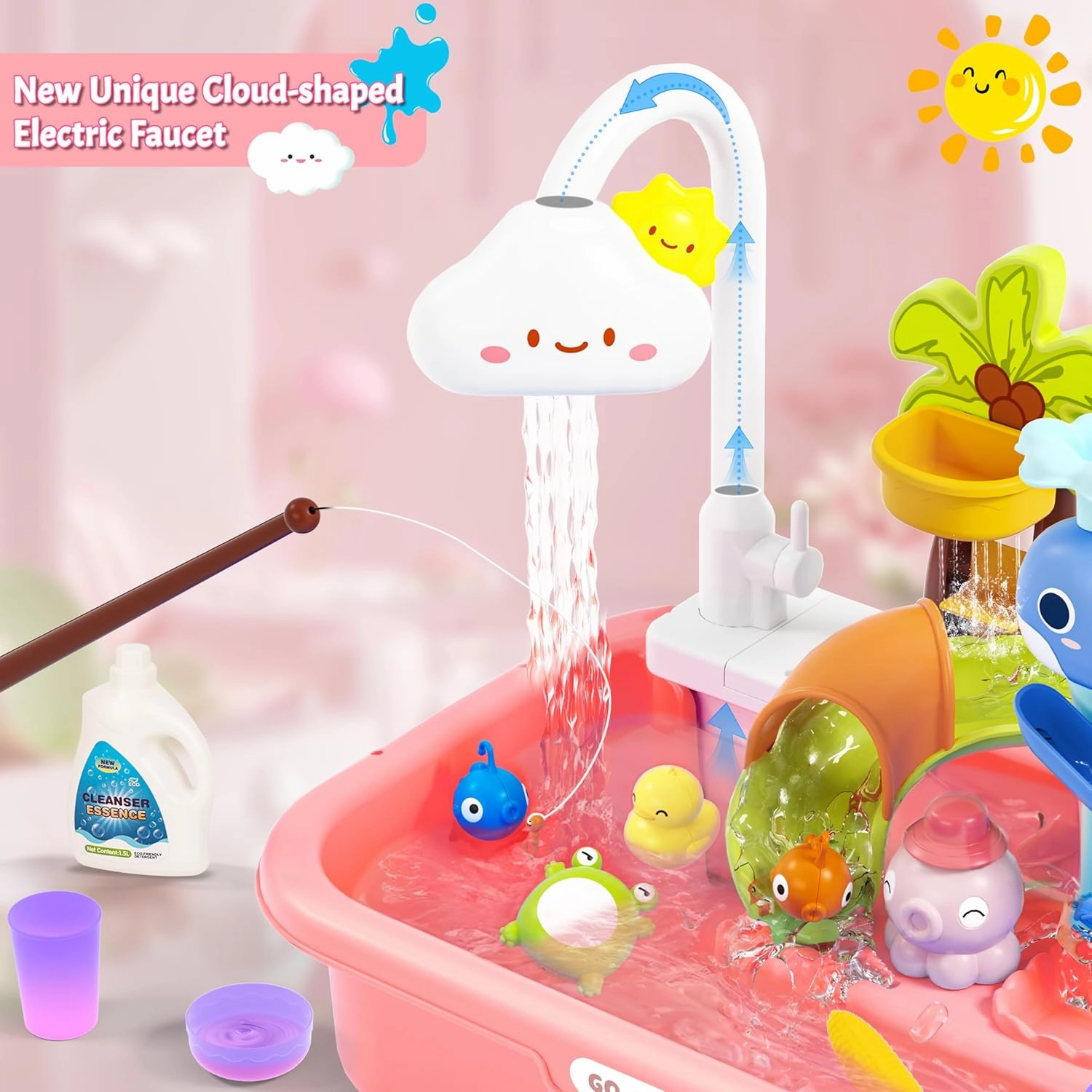Color Changing Play Kitchen Sink Toy for Kids, Play Sink with Upgraded Electric Faucet & Automatic Water Cycle System, Dishwasher Toys & Fishing Toys for Kids, Pretend Play Toys for Boys Girls, Pink