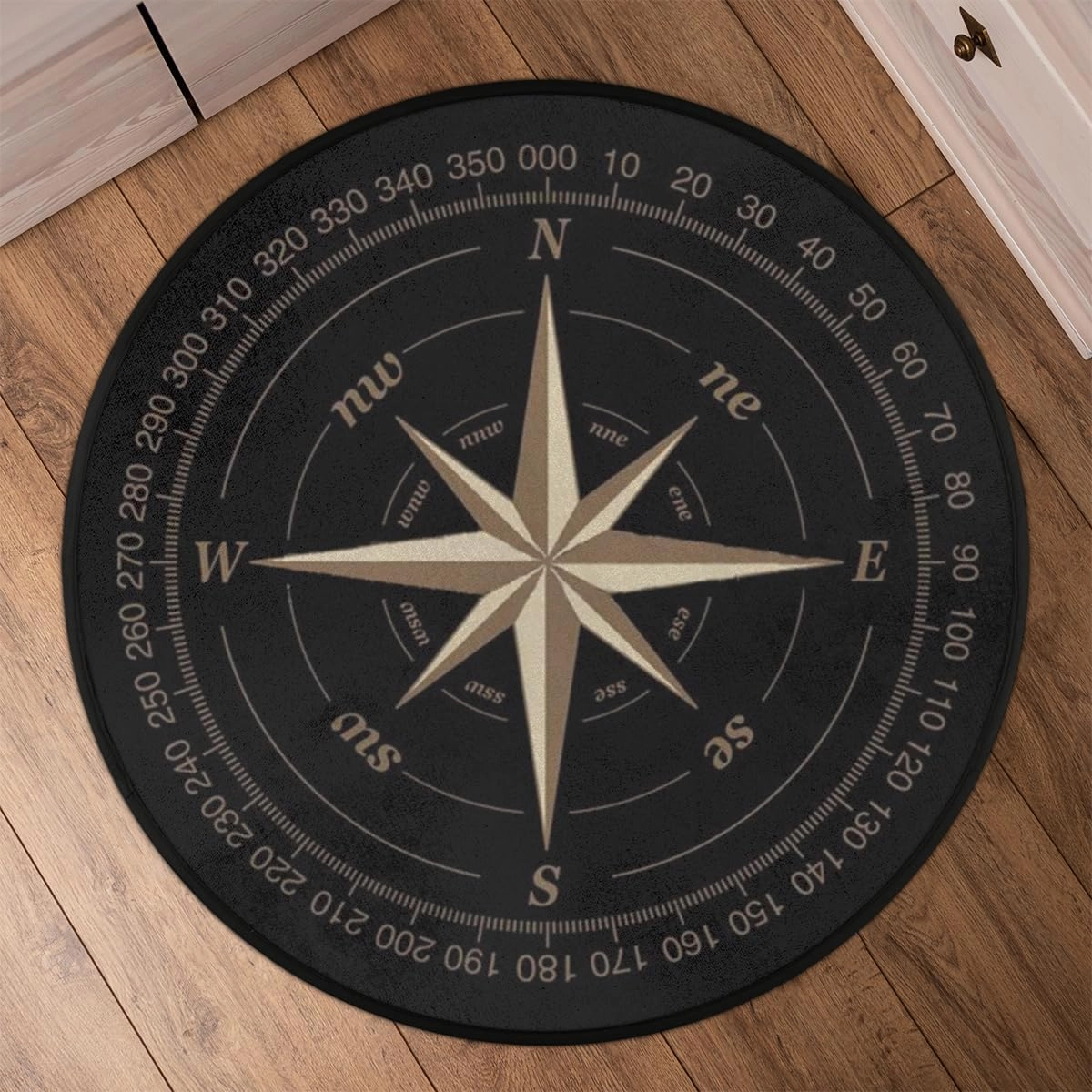 Compass Rose Round Area Rug 5Ft Artwork Black Non-Slip Circle Rugs Soft Washable Carpet Floor Mat for Bedroom Living Room Indoor Outdoor Nursery