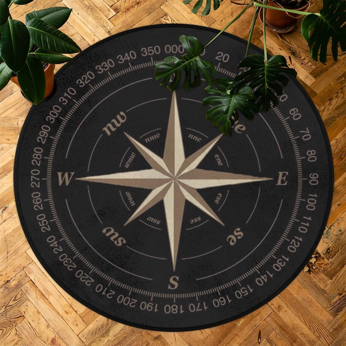 Compass Rose Round Area Rug 5Ft Artwork Black Non-Slip Circle Rugs Soft Washable Carpet Floor Mat for Bedroom Living Room Indoor Outdoor Nursery