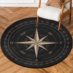 Compass Rose Round Area Rug 5Ft Artwork Black Non-Slip Circle Rugs Soft Washable Carpet Floor Mat for Bedroom Living Room Indoor Outdoor Nursery