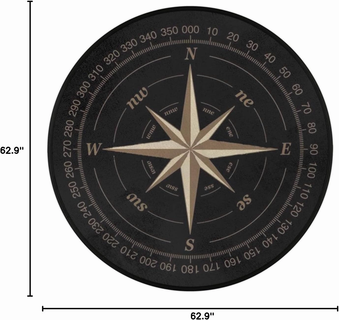 Compass Rose Round Area Rug 5Ft Artwork Black Non-Slip Circle Rugs Soft Washable Carpet Floor Mat for Bedroom Living Room Indoor Outdoor Nursery