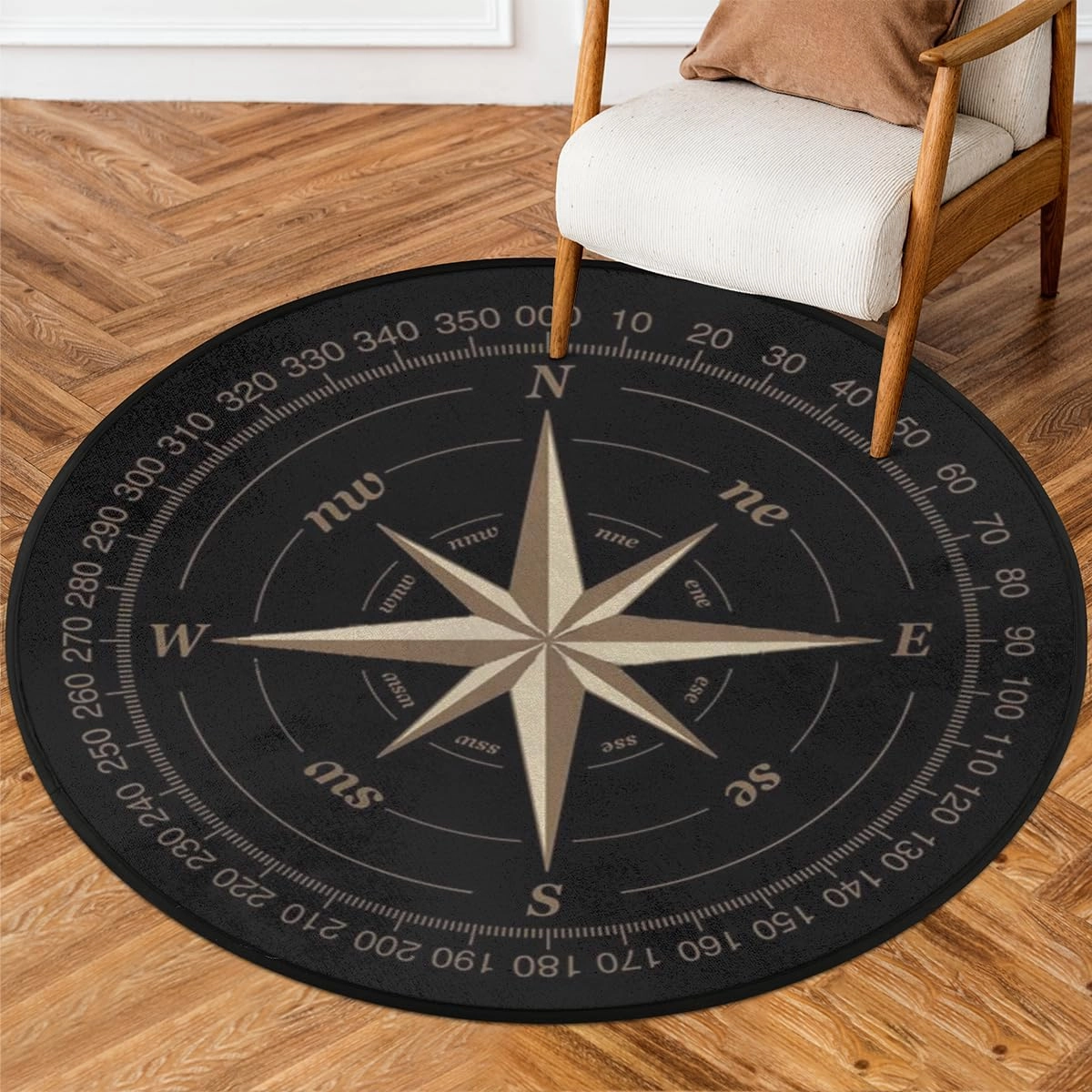Compass Rose Round Area Rug 5Ft Artwork Black Non-Slip Circle Rugs Soft Washable Carpet Floor Mat for Bedroom Living Room Indoor Outdoor Nursery