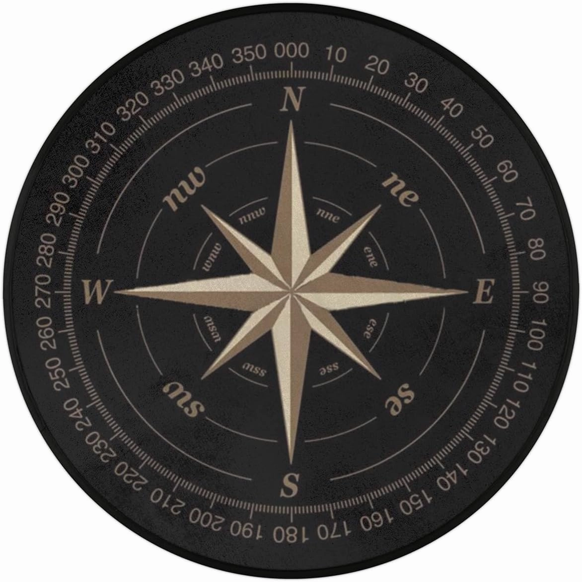 Compass Rose Round Area Rug 5Ft Artwork Black Non-Slip Circle Rugs Soft Washable Carpet Floor Mat for Bedroom Living Room Indoor Outdoor Nursery