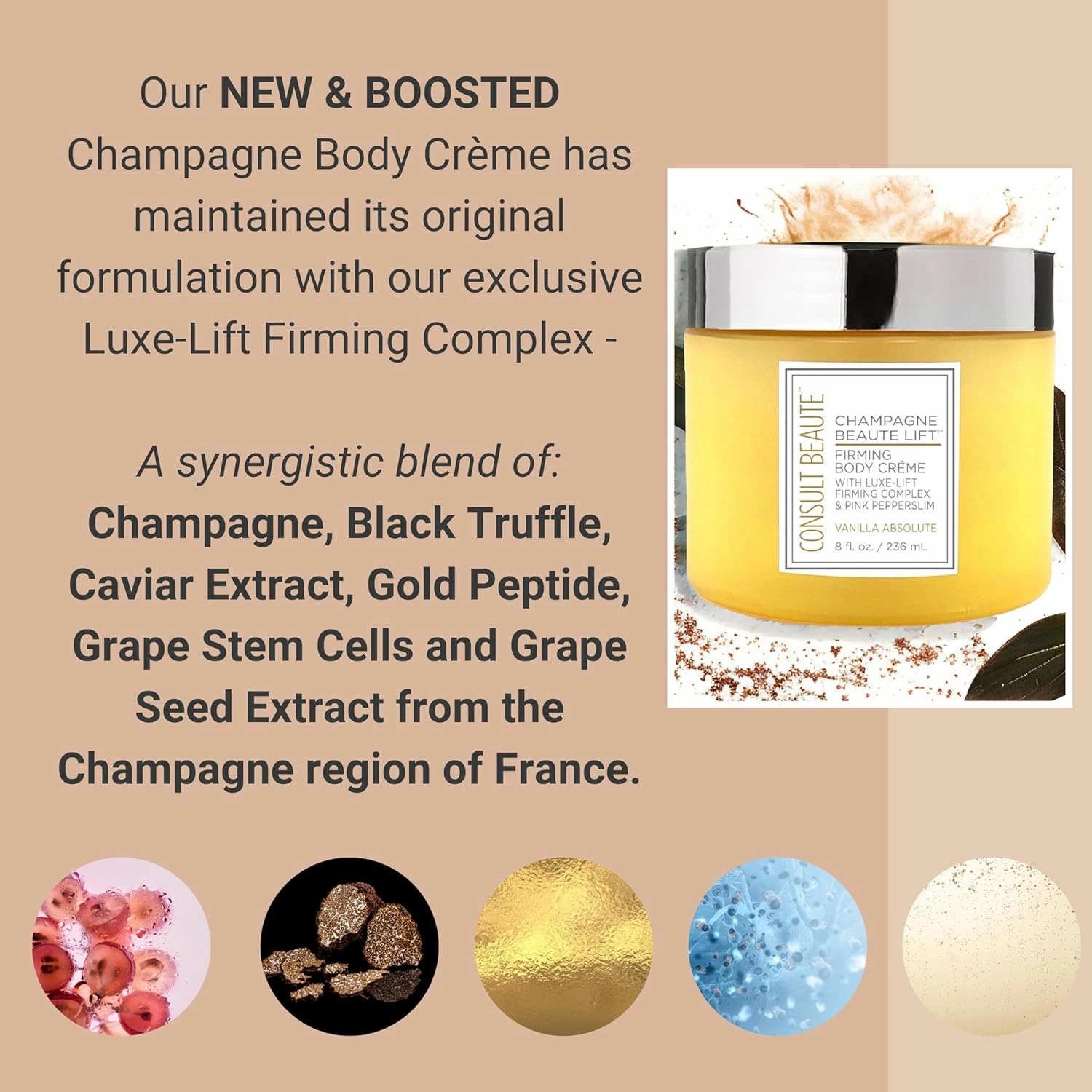 Consult Beaute Champagne Lift Hydrating Firming Body Cream with Pink Pepperslim for Crepey Skin Moisturizer Tightens, Tones & Hydrates Dry Skin on Arms & Legs - Vanilla Absolute, 8 oz.