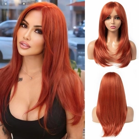 Copper red Wig with Bangs 22 Inch Centre Parting Long Straight Layered Wig for Women Natural Looking Heat Resistant Synthetic hair Wigs for Daily Party Use(Copper red)
