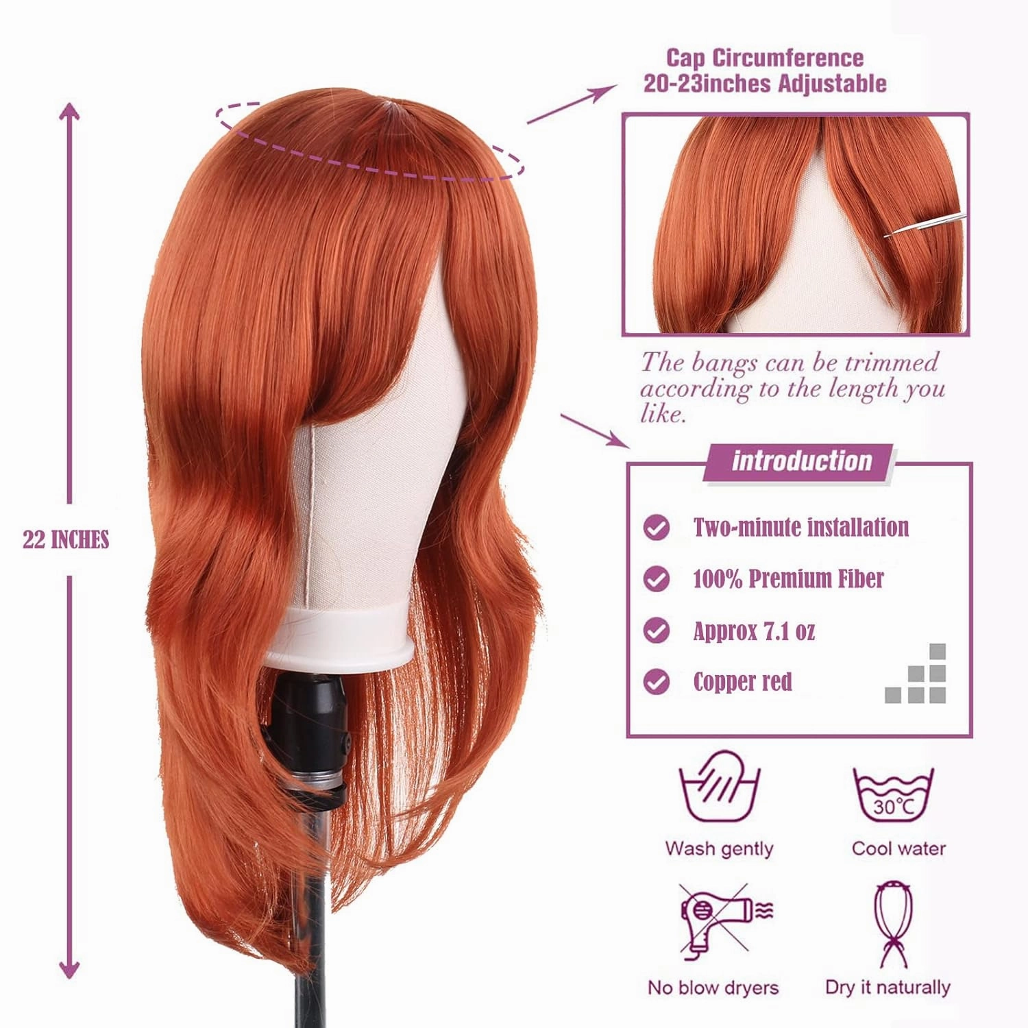 Copper red Wig with Bangs 22 Inch Centre Parting Long Straight Layered Wig for Women Natural Looking Heat Resistant Synthetic hair Wigs for Daily Party Use(Copper red)
