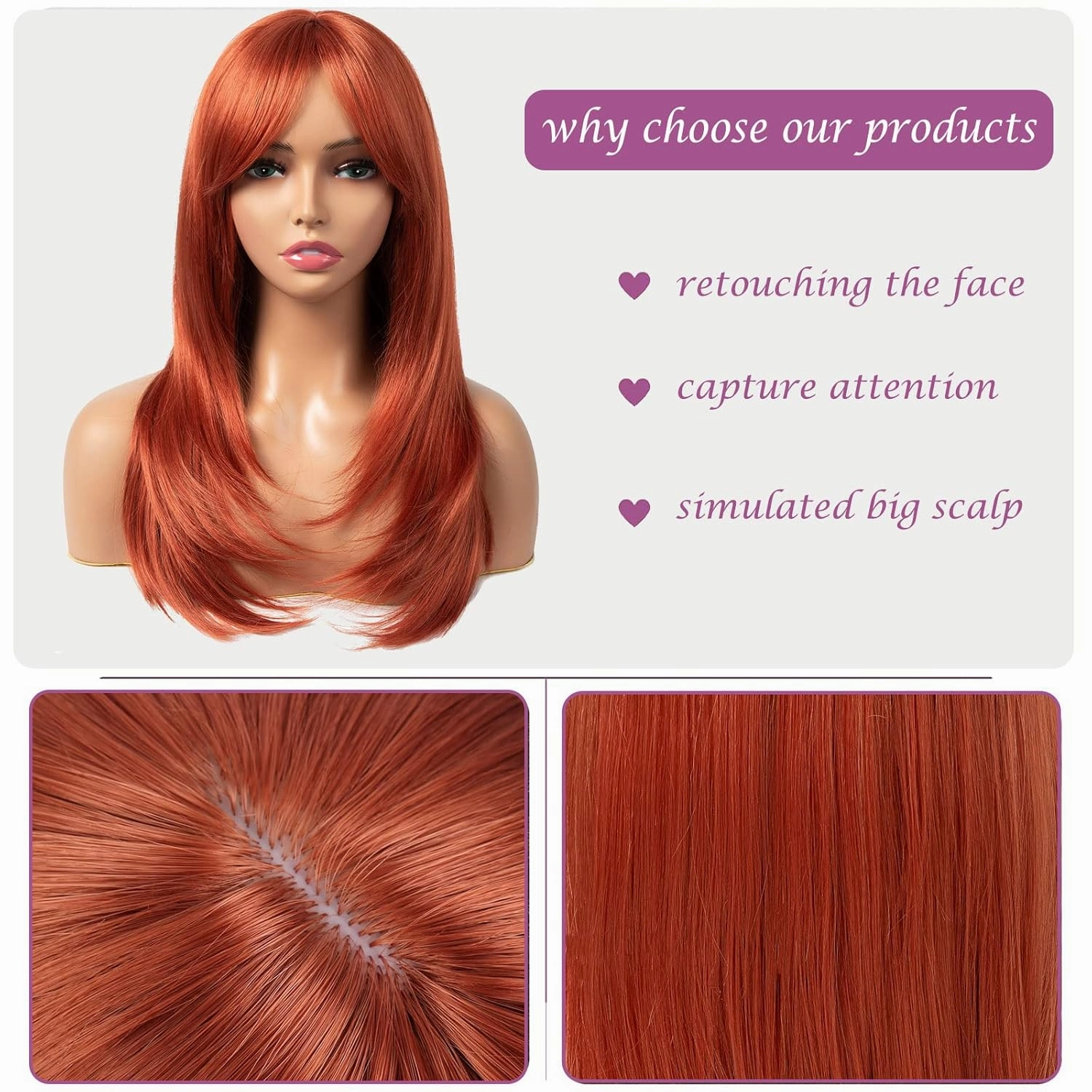 Copper red Wig with Bangs 22 Inch Centre Parting Long Straight Layered Wig for Women Natural Looking Heat Resistant Synthetic hair Wigs for Daily Party Use(Copper red)
