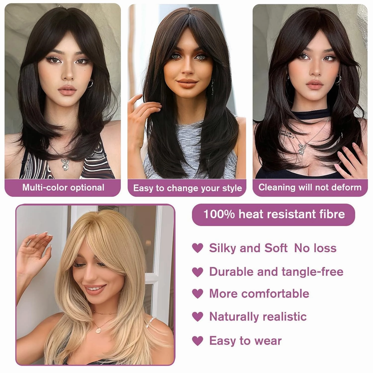 Copper red Wig with Bangs 22 Inch Centre Parting Long Straight Layered Wig for Women Natural Looking Heat Resistant Synthetic hair Wigs for Daily Party Use(Copper red)